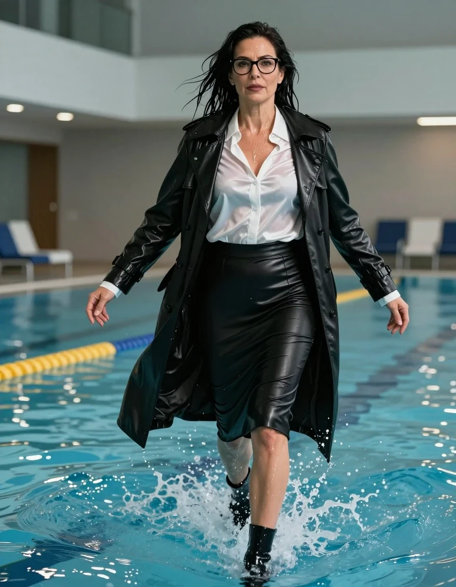 photo of young woman, in soaking wet, drenched clothes,
high-heeled boots, midi tight black leather skirt, white silk satin shirt with long sleeves, maxi black leather trenchcoat, jump in water after swim in indoor swimming pool, enjoying wet clothes stuck body, enjoying, wet clothes stuck to body, 
enjoying, wet clothes stuck to body,
detailed textures of the wet clothes, wet face, wet plastered hair,
wet, drenched, professional, high-quality details, full body view.
sharp focus, ultra-high pixel detail, realistic, high-quality, full colors, incredibly detailed, 4k, 8k, 16k, hyper-realistic, RAW photo, masterpiece, ultra-detailed, professionally color graded, professional photograph, europen brunette skinny woman 50 years old, long dark black hair, very big and thick lips,  office glasses, complete body, wet skin, wet clothes, damp fabric, wet skin, wet clothes, damp fabric, wet skin, wet clothes, damp fabric, wet skin, wet clothes, damp fabric, wet skin, wet clothes, damp fabric