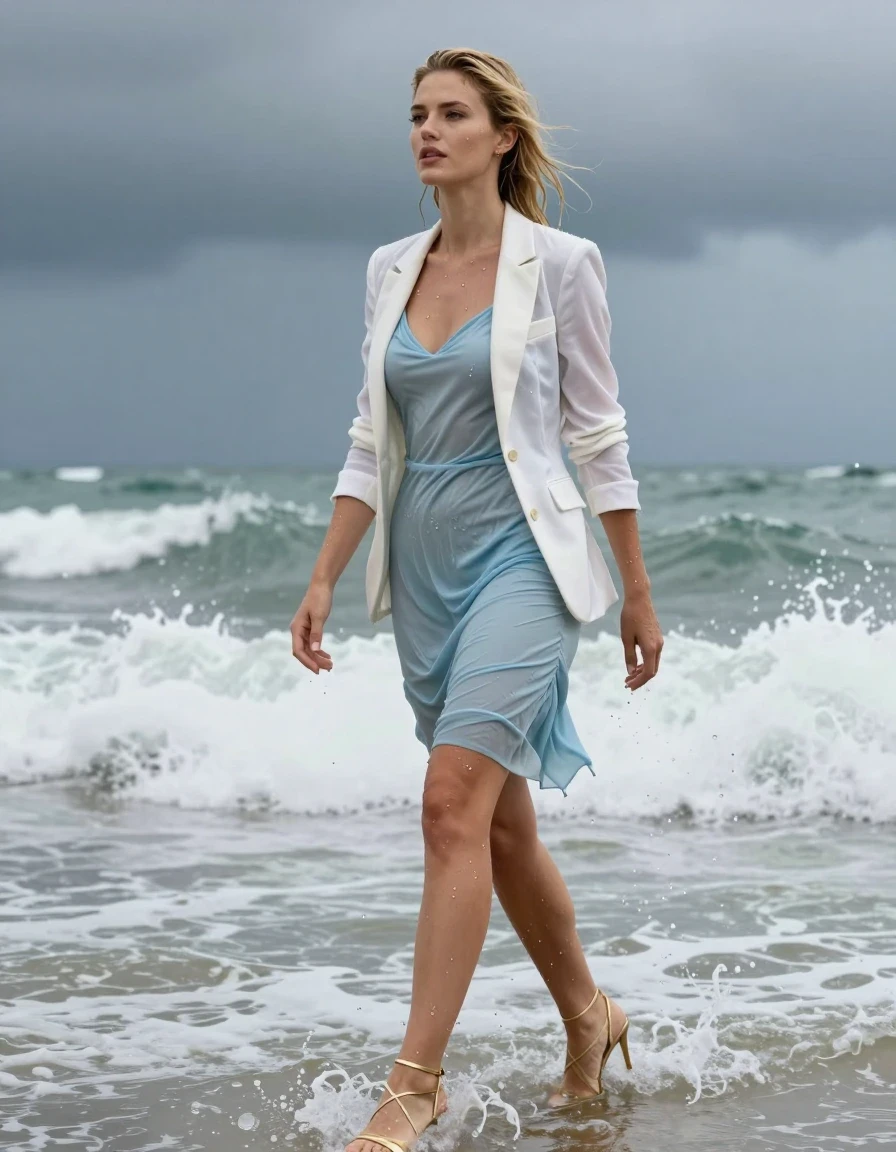 photo of young woman, in soaking wet, drenched clothes,
Strappy gold stilettos , Pale blue cocktail dress , white blazer , Standing in surf, thunder storm , 
enjoying, wet clothes stuck to body,
detailed textures of the wet clothes, wet face, wet plastered hair,
wet, drenched, professional, high-quality details, full body view.
sharp focus, ultra-high pixel detail, realistic, high-quality, full colors, incredibly detailed, 4k, 8k, 16k, hyper-realistic, RAW photo, masterpiece, ultra-detailed, professionally color graded, professional photograph, Blonde, wet clothes, wet skin, wet clothes, damp fabric, wet skin, wet clothes, damp fabric