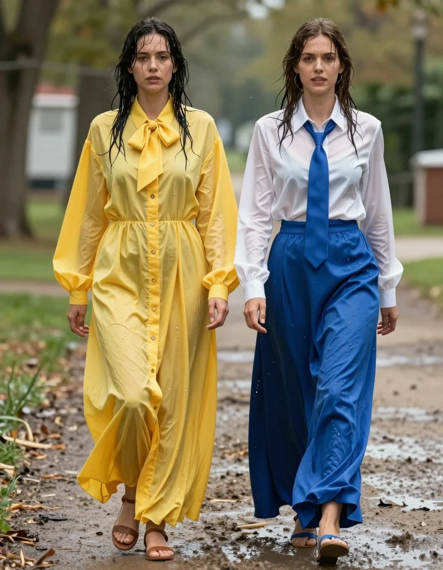 photo of young woman, in soaking wet, drenched clothes,
sandals, both: maxi dress/ skirt which are too long, 1st woman: oversized yellow buttoned-down nylon dress with bowtie; 2nd woman: white long-sleeved satin blouse with blue necktie, maxi blue silk skirt, muddy road, 
enjoying, wet clothes stuck to body,
detailed textures of the wet clothes, wet face, wet plastered hair,
wet, drenched, professional, high-quality details, full body view.
sharp focus, ultra-high pixel detail, realistic, high-quality, full colors, incredibly detailed, 4k, 8k, 16k, hyper-realistic, RAW photo, masterpiece, ultra-detailed, professionally color graded, professional photograph, nerdy lesbian teachers in their 30s tripping in their skirts, wet skin, wet clothes, damp fabric