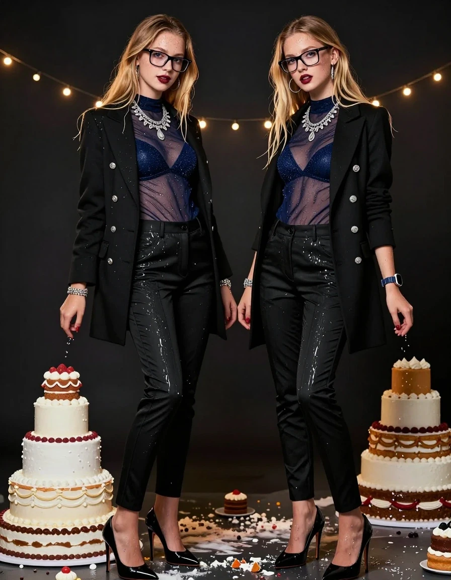 photo of young woman, in soaking wet, drenched clothes,
Black very high heels stilettos, Back long wool slimfit pants, Black very short elegant opened wool coat with spectacular silver buttons over Deep blue/navy glittering sheer blouse with a high neckline, combined with darkblue bra, paired with a heavy ornate silver statement necklace, Dark photo studio with lots of cakes on the floor. Dark environment, warm mood lighting with colourful string of lights. , 
enjoying, wet clothes stuck to body,
detailed textures of the wet clothes, wet face, wet plastered hair,
wet, drenched, professional, high-quality details, full body view.
sharp focus, ultra-high pixel detail, realistic, high-quality, full colors, incredibly detailed, 4k, 8k, 16k, hyper-realistic, RAW photo, masterpiece, ultra-detailed, professionally color graded, professional photograph, Two young cute gleaming very tall and skinny fifteen years old girl. Two girls tramples nice tiered cakes apart in photo studio with their high heels while they posing for the camera. They are flawlessly fully dressed. Both girls wear similar sheer blouse, black wool trousers and black wool coat clothes. They are very tall, athletic and skinny, they have a round white American face, very long blonde hair hanging loosely. They have tiny very small size AA breasts that are flat and have almost no profile. They have thick rectangular glasses, they have a couple freckles on their faces. They have smiling cute face, silver bracelets, necklaces, large hoop earrings, darkred lipstick, smartwacthes on their wirsts. They have very long legs. Masterpiece, low angles and side view, fashion photo quality, realistic mood lighting with colourful string of lights, high quality. Close-up picture. Masterwork, they are looking sultry with her mouth slightly open and a wry smile at the camera, they are looking into the camera while they enjoying the cake crushing., wet skin, wet clothes, damp fabric
