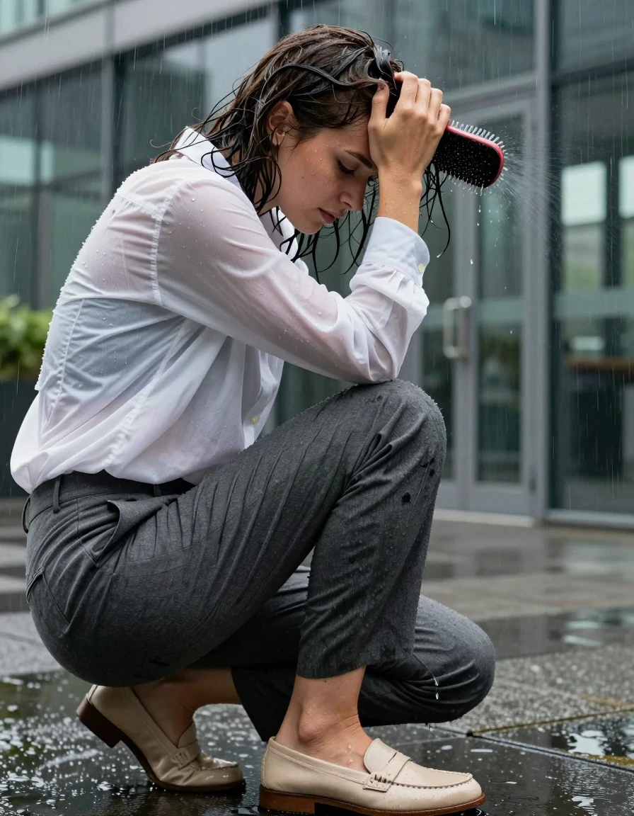 Extreme close-up side profile of a young adult European woman at a modern glass and steel office building entrance, caught in a heavy rainstorm. She is brushing wet, rain-slicked hair out of her eyes with one hand while shielding her face from wind-driven rain. She wears a white button-down shirt, semi-sheer from intense rain saturation, clinging to her skin with visible wet texture and heavy folds. Beneath, she wears charcoal gray tailored trousers, fabric heavily soaked and clinging to her legs with deep, darkened patches and water-saturated weight. Her feet are encased in beige leather loafers, drenched and glistening from deep, dark puddles. The scene is captured with high-speed shutter photography, emphasizing the water sheen on her skin and the dripping hair. The lighting is balanced with bright exposure, moderate contrast, and softly lifted shadows, ensuring rich natural colors and photorealistic textures. Every element is depicted with sharp, clear detail, avoiding all distortion or blur.