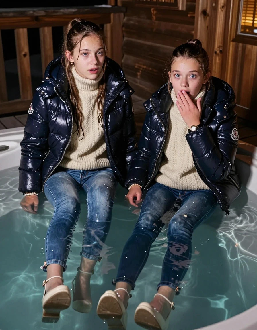 photo of young woman, in soaking wet, drenched clothes,
Heels, Drenched and soaked tight skinny jeans, Moncler shiny Puffer down jacket,  knit turtelneck sweater, handbag, pearl necklace, bracelet, wristwatch , A realistic fashion photograph of  two 15-year-old girl  swimming in a steaming hot tub of a wooden mountain cabin deck at night. , 
enjoying, wet clothes stuck to body,
detailed textures of the wet clothes, wet face, wet plastered hair,
wet, drenched, professional, high-quality details, full body view.
sharp focus, ultra-high pixel detail, realistic, high-quality, full colors, incredibly detailed, 4k, 8k, 16k, hyper-realistic, RAW photo, masterpiece, ultra-detailed, professionally color graded, professional photograph, Sleek long straight hair and Sleek long ponytail 

Two 15-years-old teenage girl. 

Hold a hand over her mouth. Open mouth, big eyes. 

All girls wear different clothes.

One is completely underwater up to her neck, afraid and astonished expression.

All girls Laying her breast on the surface. Legs and Bodys are under the surface.

her submerged clothes are hardly visible under water, she soaked her handbag into the water

close up view, wet skin, wet clothes, wet hair, damp fabric, water runs down the clothes, wet skin, wet clothes., wet skin, wet clothes, damp fabric