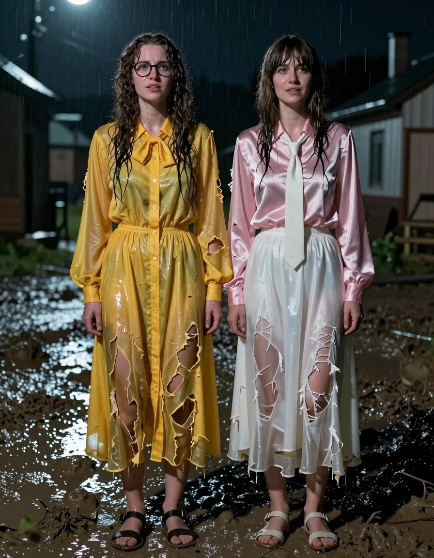 A cinematic, highly detailed wide shot of two young adult European lesbian nerdy teachers standing in a muddy village at night, overjoyed and relieved. The first woman has long curly hair and is wearing glasses; she is dressed in an oversized, floor-length yellow buttoned-down nylon dress with a bowtie. The second woman has Beatles-style hair and wears a pink long-sleeved satin blouse with a white necktie and a floor-length white silk skirt. Both women are wearing sandals. Their clothes are visibly ripped and torn from a recent shipwreck. The fabrics are heavily soaked, clinging to their bodies, with the yellow nylon and white silk appearing translucent, darkened, and heavy with water, showcasing deep folds, saturated textures, and glossy water sheens. Their skin is glistening with wetness, and their hair is matted and dripping. The muddy village environment is dark and rain-slicked, reflecting the ambient moonlight. The scene is captured with realistic, high-contrast lighting that emphasizes the wet, clinging texture of the fabrics and the emotional expressions of relief on their faces, 8k resolution, photorealistic, sharp focus, hyper-detailed wet textures.
