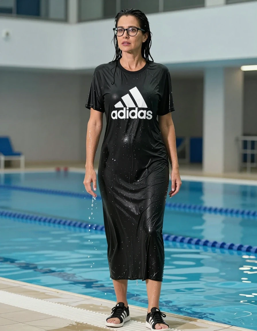 photo of young woman, in soaking wet, drenched clothes,
adidas shoes, maxi BLACK adidas t-shirt dress with short sleeves, maxi BLACK adidas t-shirt dress with short sleeves, shower after swim in indoor swimming pool, enjoying wet clothes stuck body, enjoying, wet clothes stuck to body, 
enjoying, wet clothes stuck to body,
detailed textures of the wet clothes, wet face, wet plastered hair,
wet, drenched, professional, high-quality details, full body view.
sharp focus, ultra-high pixel detail, realistic, high-quality, full colors, incredibly detailed, 4k, 8k, 16k, hyper-realistic, RAW photo, masterpiece, ultra-detailed, professionally color graded, professional photograph, europen brunette skinny woman 50 years old, long dark black hair, very big and thick lips,  office glasses, complete body, wet skin, wet clothes, damp fabric, wet skin, wet clothes, damp fabric, wet skin, wet clothes, damp fabric, wet skin, wet clothes, damp fabric, wet skin, wet clothes, damp fabric