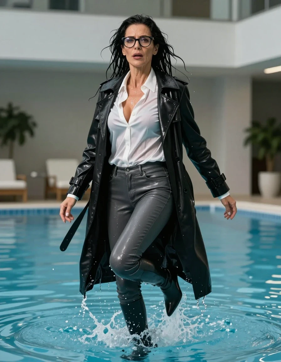 photo of young woman, in soaking wet, drenched clothes,
high-heeled boots, long tight gray leather jeans, white silk satin shirt with long sleeves, maxi black leather trenchcoat, jump in water in indoor swimming pool, enjoying wet clothes stuck body, enjoying, wet clothes stuck to body, 
enjoying, wet clothes stuck to body,
detailed textures of the wet clothes, wet face, wet plastered hair,
wet, drenched, professional, high-quality details, full body view.
sharp focus, ultra-high pixel detail, realistic, high-quality, full colors, incredibly detailed, 4k, 8k, 16k, hyper-realistic, RAW photo, masterpiece, ultra-detailed, professionally color graded, professional photograph, europen brunette skinny woman 50 years old, long dark black hair, very big and thick lips,  office glasses, complete body, wet skin, wet clothes, damp fabric, wet skin, wet clothes, damp fabric, wet skin, wet clothes, damp fabric, wet skin, wet clothes, damp fabric, wet skin, wet clothes, damp fabric