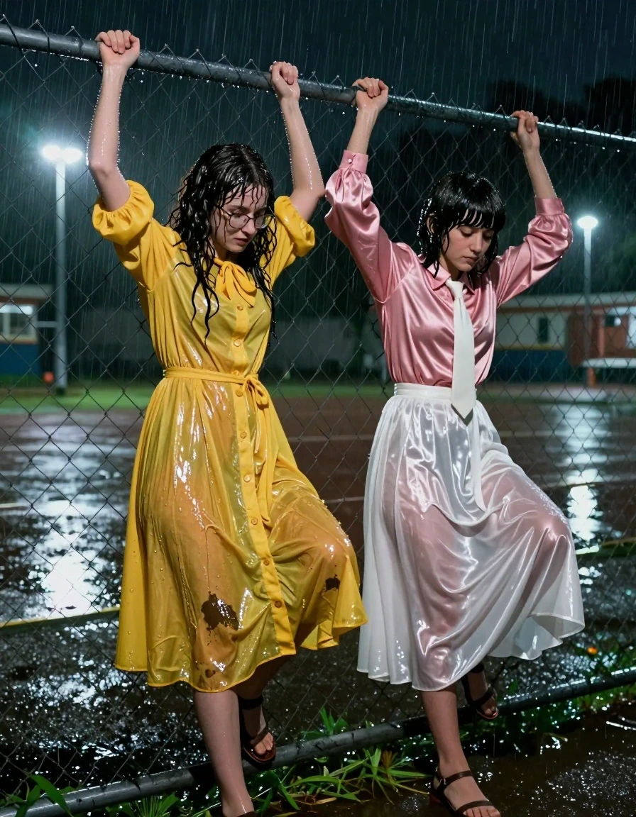 A photorealistic night scene in an empty schoolyard, capturing two young adult European women, who are lesbian nerdy teachers, in the middle of climbing over a chain-link fence. The first woman has long curly hair and is wearing glasses and an oversized, floor-length yellow buttoned-down nylon dress with a bowtie; the second woman has a Beatles-style haircut and is wearing a pink long-sleeved satin blouse with a white necktie and a floor-length white silk skirt. Both women are wearing sandals. The entire scene is drenched in heavy rain, with the women's hair, skin, and clothing completely soaked, showing deep, saturated colors, heavy clinging fabric, and realistic water sheen. The nylon dress, satin blouse, and silk skirt are clinging to their bodies, showing heavy wet folds and dark, water-saturated patches. The lighting is dim, provided by distant, flickering schoolyard security lights that create strong, glossy specular reflections on their wet skin and the dampened fabric of their clothing. The composition is a cinematic medium shot showing the tension and movement of them scaling the fence, with raindrops visible in the air, wet asphalt ground, and a dark, moody atmosphere.