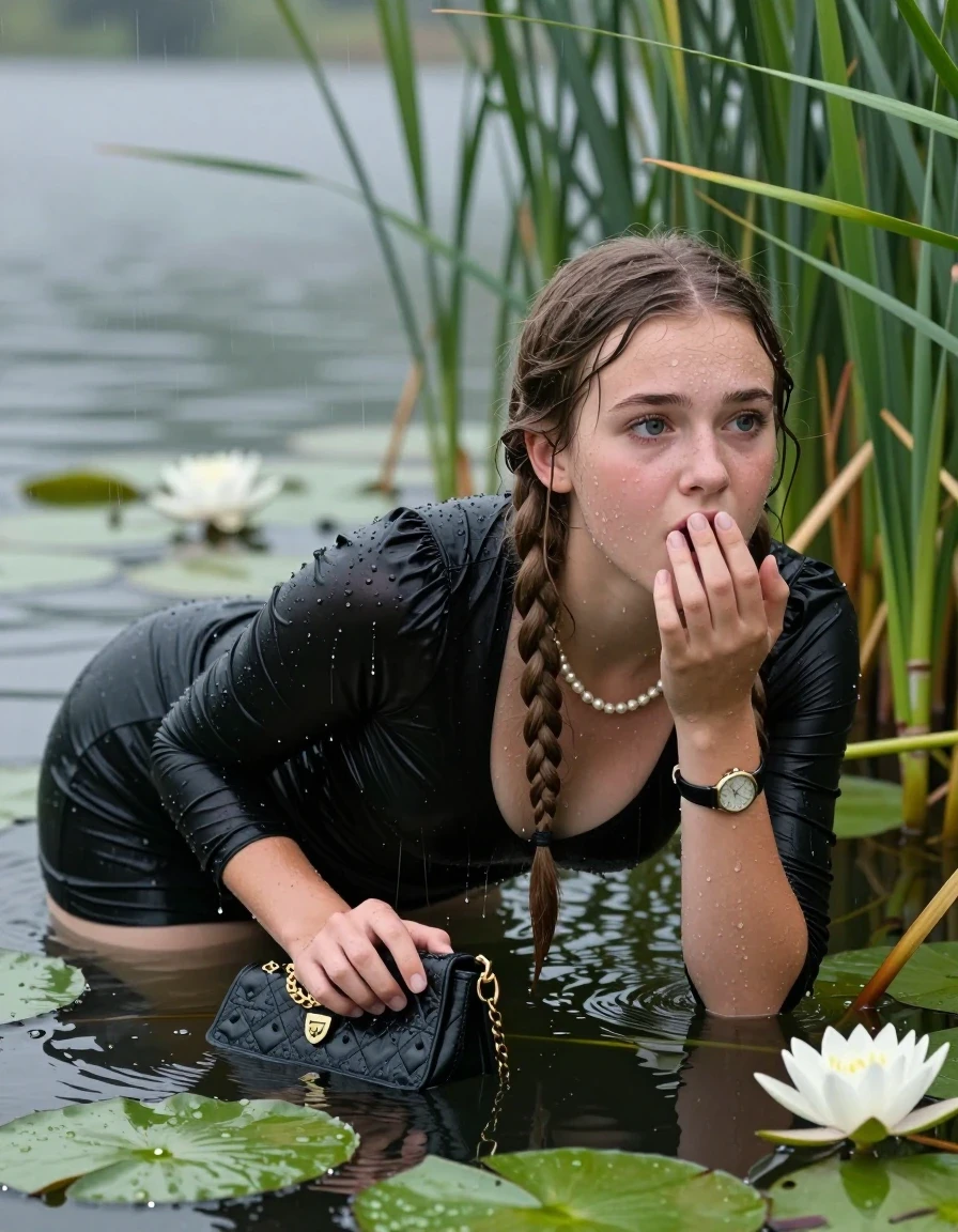 photo of young woman, in soaking wet, drenched clothes,
, , Short black cocktail dress, handbag, pearl necklace, bracelet, wristwatch , Emerging after diving in a lake with water lilies and reeds, rain , 
enjoying, wet clothes stuck to body,
detailed textures of the wet clothes, wet face, wet plastered hair,
wet, drenched, professional, high-quality details, full body view.
sharp focus, ultra-high pixel detail, realistic, high-quality, full colors, incredibly detailed, 4k, 8k, 16k, hyper-realistic, RAW photo, masterpiece, ultra-detailed, professionally color graded, professional photograph, Two long braids

15 years old  teenage girl

Laying her breast on the surface.  Looking slightly away. Hold her hand on mouth.

she is completely underwater up to her neck, afraid and astonished expression. 

She hides in the reeds and is surprised by spectators

her submerged clothes are hardly vusible under water, she soaked her handbag into the water

close up view, wet skin, wet clothes, wet hair, damp fabric, water runs down the clothes, wet skin, wet clothes, damp fabric, wet skin, wet clothes, damp fabric, wet skin, wet clothes, damp fabric, wet skin, wet clothes, damp fabric, wet skin, wet clothes, damp fabric, wet skin, wet clothes, damp fabric, wet skin, wet clothes, damp fabric, wet skin, wet clothes, damp fabric, wet skin, wet clothes, damp fabric, wet skin, wet clothes, damp fabric, wet skin, wet clothes, damp fabric, wet skin, wet clothes, damp fabric, wet skin, wet clothes, damp fabric, wet skin, wet clothes, damp fabric, wet skin, wet clothes, damp fabric, wet skin, wet clothes, damp fabric, wet skin, wet clothes, damp fabric, wet skin, wet clothes, damp fabric, wet skin, wet clothes, damp fabric