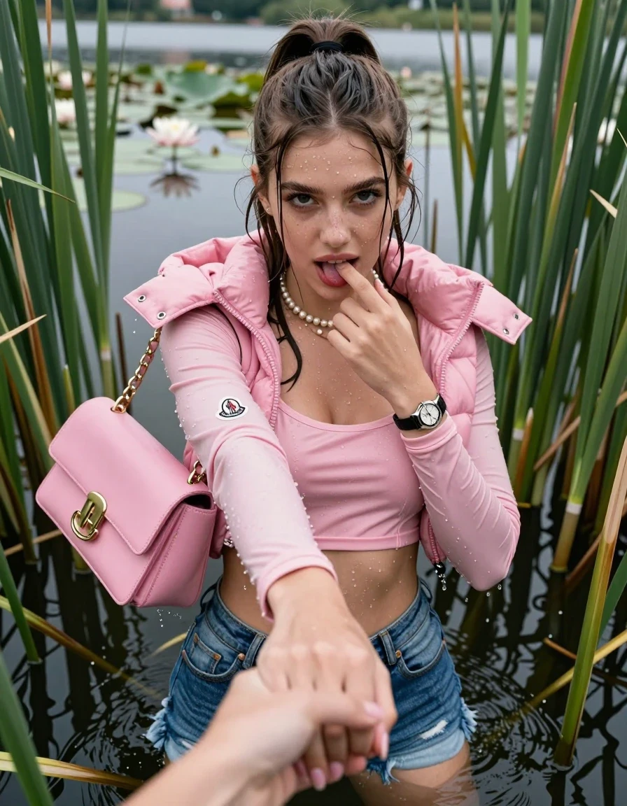 photo of young woman, in soaking wet, drenched clothes,
, sexy mini jeans short, Moncler pink puffer down jacket, tight sexy longsleeve crop top with wide neckline belly free, handbag, pearl necklace, bracelet, wristwatch, Emerging after diving in a lake with water lilies and reeds, 
enjoying, wet clothes stuck to body,
detailed textures of the wet clothes, wet face, wet plastered hair,
wet, drenched, professional, high-quality details, full body view.
sharp focus, ultra-high pixel detail, realistic, high-quality, full colors, incredibly detailed, 4k, 8k, 16k, hyper-realistic, RAW photo, masterpiece, ultra-detailed, professionally color graded, professional photograph, Sleek long ponytail with bangs

15 years old  teenage girl

open mouth, big eyes. 0ne hand with a finger at her tongue  inside her mouth, hold with the other the viewer's hand, pulling them toward the center of the water. Laying her breast and arms on the surface.  Whole body and shoulders are submerged under the surface. Looking up at camera.

she is completely underwater up to her neck,  horny and sexuell aroused expression.

She hides in the reeds.

her submerged clothes are hardly vusible under water, she soaked her handbag into the water

close up view, wet skin, wet clothes, wet hair, damp fabric, water runs down the clothes, wet skin, wet clothes, damp fabric, wet skin, wet clothes, damp fabric, wet skin, wet clothes, damp fabric, wet skin, wet clothes, damp fabric, wet skin, wet clothes, damp fabric, wet skin, wet clothes, damp fabric, wet skin, wet clothes, damp fabric, wet skin, wet clothes, damp fabric, wet skin, wet clothes, damp fabric, wet skin, wet clothes, damp fabric, wet skin, wet clothes, damp fabric, wet skin, wet clothes, damp fabric, wet skin, wet clothes, damp fabric, wet skin, wet clothes, damp fabric, wet skin, wet clothes, damp fabric, wet skin, wet clothes, damp fabric, wet skin, wet clothes, damp fabric, wet skin, wet clothes, damp fabric, wet skin, wet clothes, damp fabric, wet skin, wet clothes, damp fabric, wet skin, wet clothes, damp fabric, wet skin, wet clothes, damp fabric, wet skin, wet clothes, damp fabric