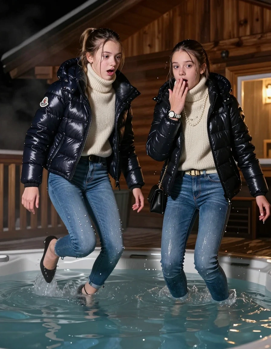 photo of young woman, in soaking wet, drenched clothes,
Heels, Drenched and soaked tight skinny jeans, Moncler shiny Puffer down jacket,  knit turtelneck sweater, handbag, pearl necklace, bracelet, wristwatch , A realistic fashion photograph of  two 15-year-old girl  jumping in a steaming hot tub of a wooden mountain cabin deck at night. , 
enjoying, wet clothes stuck to body,
detailed textures of the wet clothes, wet face, wet plastered hair,
wet, drenched, professional, high-quality details, full body view.
sharp focus, ultra-high pixel detail, realistic, high-quality, full colors, incredibly detailed, 4k, 8k, 16k, hyper-realistic, RAW photo, masterpiece, ultra-detailed, professionally color graded, professional photograph, Sleek long straight hair and Sleek long ponytail 

Two 15-years-old teenage girl. 

Hold a hand over her mouth. Open mouth, big eyes. 

All girls wear different clothes.

One is completely underwater up to her neck, afraid and astonished expression.

All girls Laying her breast on the surface. Legs and Bodys are under the surface.

her submerged clothes are hardly visible under water, she soaked her handbag into the water

close up view, wet skin, wet clothes, wet hair, damp fabric, water runs down the clothes, wet skin, wet clothes., wet skin, wet clothes, damp fabric