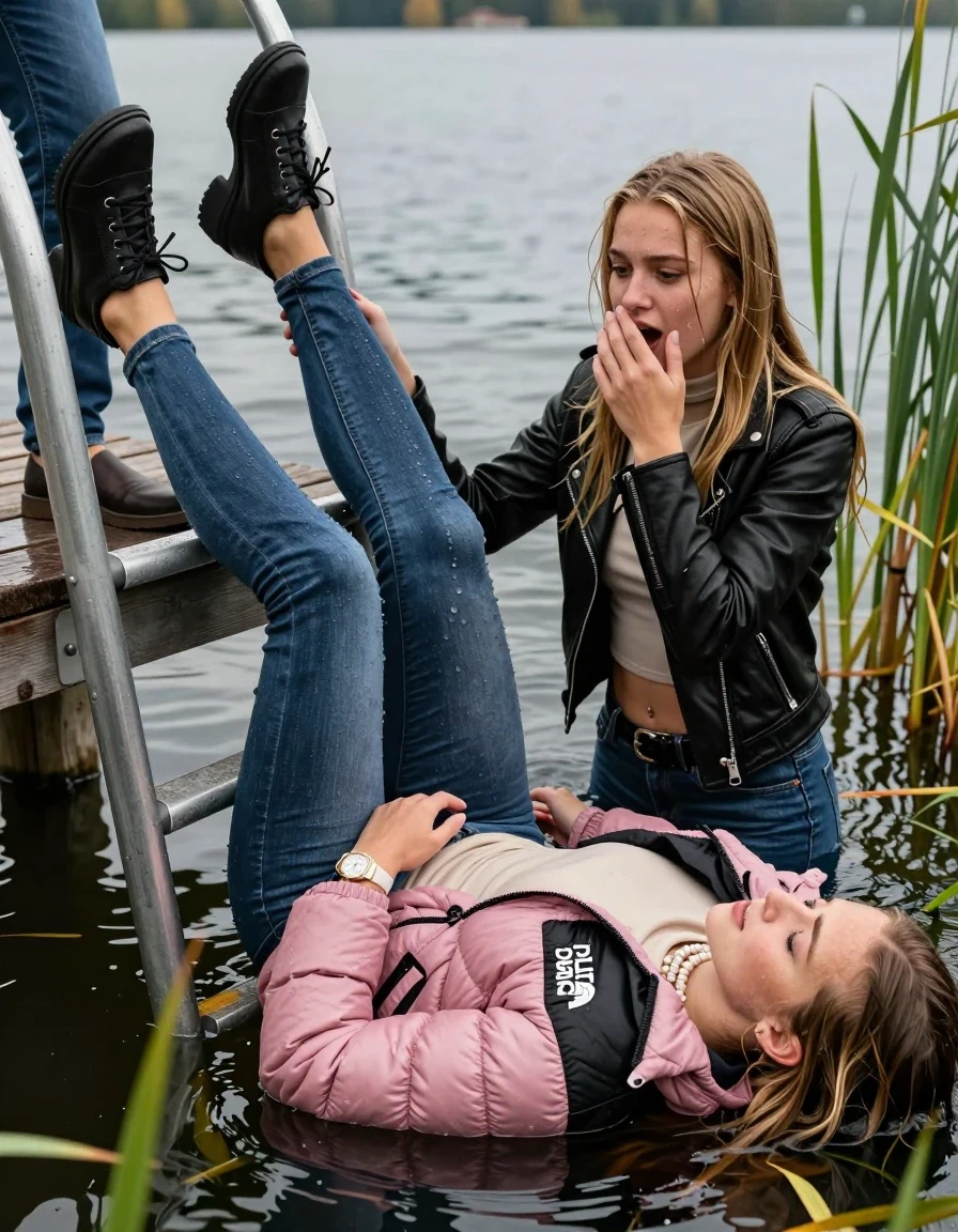 photo of young woman, in soaking wet, drenched clothes,
Heels, Completely soaked tight skinny jeans, Pink Puffer down jacket from north face, Tight turtleneck sweater belly free, handbag, pearl necklace, bracelet, wristwatch , Two Girls on a wooden bathing platform with a bathing ladder on a beautiful lake. The girls smiles with a sense of adventure and climbs the ladder into the water. The water reaches up to her chest., 
enjoying, wet clothes stuck to body,
detailed textures of the wet clothes, wet face, wet plastered hair,
wet, drenched, professional, high-quality details, full body view.
sharp focus, ultra-high pixel detail, realistic, high-quality, full colors, incredibly detailed, 4k, 8k, 16k, hyper-realistic, RAW photo, masterpiece, ultra-detailed, professionally color graded, professional photograph, Blond sleek long straight hair

19 years old  teenage girl

Laying her breast on the surface.  Looking slightly away. Hold her hand over mouth.

One Girl inside the water with a black biker leatherjacket and one hand on her mouth, hold with the other the viewer's hand, pulling them she is completely underwater up to her neck, afraid and astonished expression. 

She hides in the reeds.

her submerged clothes are hardly vusible under water, she soaked her handbag into the water. The Girls wear different clothes. 

close up view, wet skin, wet clothes, wet hair, damp fabric, water runs down the clothes, wet skin, wet clothes, damp fabric, wet skin, wet clothes, damp fabric, wet skin, wet clothes, damp fabric, wet skin, wet clothes, damp fabric, wet skin, wet clothes, damp fabric, wet skin, wet clothes, damp fabric, wet skin, wet clothes, damp fabric, wet skin, wet clothes, damp fabric, wet skin, wet clothes, damp fabric, wet skin, wet clothes, damp fabric, wet skin, wet clothes, damp fabric, wet skin, wet clothes, damp fabric, wet skin, wet clothes, damp fabric, wet skin, wet clothes, damp fabric, wet skin, wet clothes, damp fabric, wet skin, wet clothes, damp fabric, wet skin, wet clothes, damp fabric, wet skin, wet clothes, damp fabric, wet skin, wet clothes, damp fabric