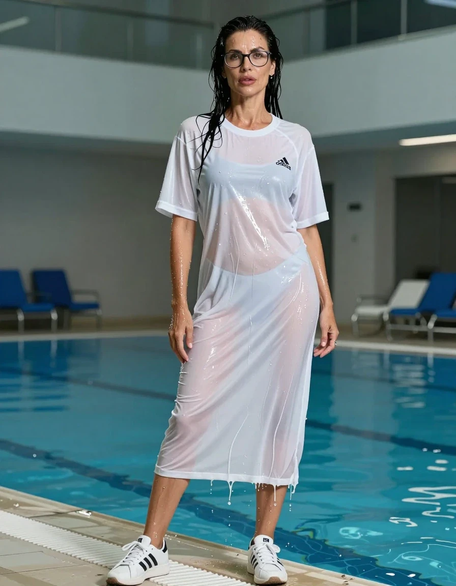 photo of young woman, in soaking wet, drenched clothes,
adidas shoes, maxi white adidas t-shirt dress with short sleeves, maxi white adidas t-shirt dress with short sleeves, shower after swim in indoor swimming pool, enjoying wet clothes stuck body, enjoying, wet clothes stuck to body, 
enjoying, wet clothes stuck to body,
detailed textures of the wet clothes, wet face, wet plastered hair,
wet, drenched, professional, high-quality details, full body view.
sharp focus, ultra-high pixel detail, realistic, high-quality, full colors, incredibly detailed, 4k, 8k, 16k, hyper-realistic, RAW photo, masterpiece, ultra-detailed, professionally color graded, professional photograph, europen brunette skinny woman 50 years old, long dark black hair, very big and thick lips,  office glasses, complete body, wet skin, wet clothes, damp fabric, wet skin, wet clothes, damp fabric, wet skin, wet clothes, damp fabric, wet skin, wet clothes, damp fabric, wet skin, wet clothes, damp fabric