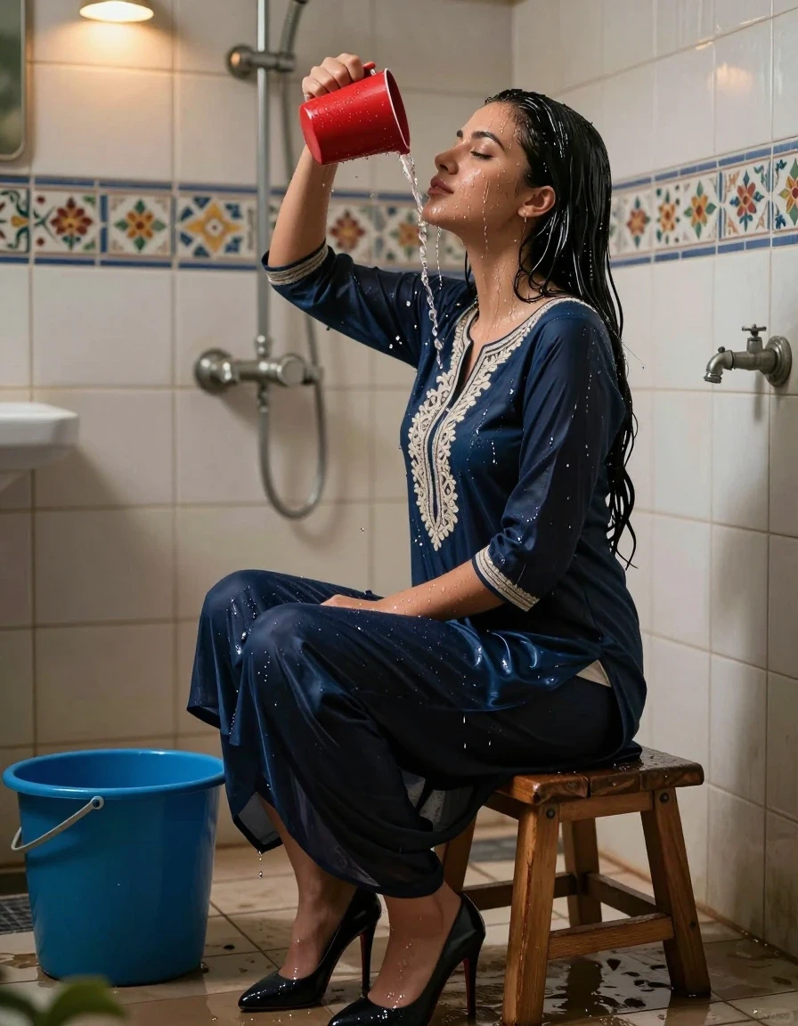 A stunning young adult woman with long black hair, sitting sideways on a small wooden stool inside a vintage tiled bathroom. She is wearing a dark navy blue salwar kameez with intricate white embroidery on the chest and sleeves; the fabric is visibly soaking-wet, clinging to her form with heavy saturated folds, darker fabric tones, and a realistic damp texture. She is pouring water over her head from a bright red plastic mug held in her right hand, her eyes closed in a serene expression. Water droplets glisten on her skin, face, and arms, with streams of water cascading down her hair and clothes. She is wearing stiletto heels that contrast against the wet environment. To her left sits a large blue plastic bucket on the wet tiled floor. The background features light beige ceramic walls with floral and geometric patterns, a metal shower pipe, and a faucet on the right wall. Lighting is provided solely by warm recessed ceiling spotlights, creating sharp highlights on the wet surfaces and skin. Cinematic composition, hyper-realistic photography, 8k resolution, highly detailed textures, water sheen, realistic moisture physics.