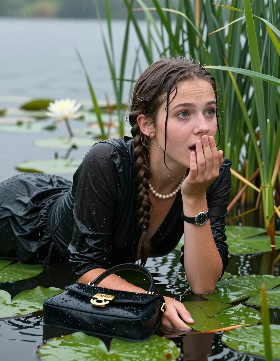 photo of young woman, in soaking wet, drenched clothes,
, , Short black Party dress, handbag, pearl necklace, bracelet, wristwatch , Emerging after diving in a lake with water lilies and reeds, rain , 
enjoying, wet clothes stuck to body,
detailed textures of the wet clothes, wet face, wet plastered hair,
wet, drenched, professional, high-quality details, full body view.
sharp focus, ultra-high pixel detail, realistic, high-quality, full colors, incredibly detailed, 4k, 8k, 16k, hyper-realistic, RAW photo, masterpiece, ultra-detailed, professionally color graded, professional photograph, Two long braids

15 years old  teenage girl

Laying her breast on the surface.  Looking slightly away. Hold her hand on mouth.

she is completely underwater up to her neck, afraid and astonished expression. 

She hides in the reeds and is surprised by spectators

her submerged clothes are hardly vusible under water, she soaked her handbag into the water

close up view, wet skin, wet clothes, wet hair, damp fabric, water runs down the clothes, wet skin, wet clothes, damp fabric, wet skin, wet clothes, damp fabric, wet skin, wet clothes, damp fabric, wet skin, wet clothes, damp fabric, wet skin, wet clothes, damp fabric, wet skin, wet clothes, damp fabric, wet skin, wet clothes, damp fabric, wet skin, wet clothes, damp fabric, wet skin, wet clothes, damp fabric, wet skin, wet clothes, damp fabric, wet skin, wet clothes, damp fabric, wet skin, wet clothes, damp fabric, wet skin, wet clothes, damp fabric, wet skin, wet clothes, damp fabric, wet skin, wet clothes, damp fabric, wet skin, wet clothes, damp fabric, wet skin, wet clothes, damp fabric, wet skin, wet clothes, damp fabric, wet skin, wet clothes, damp fabric
