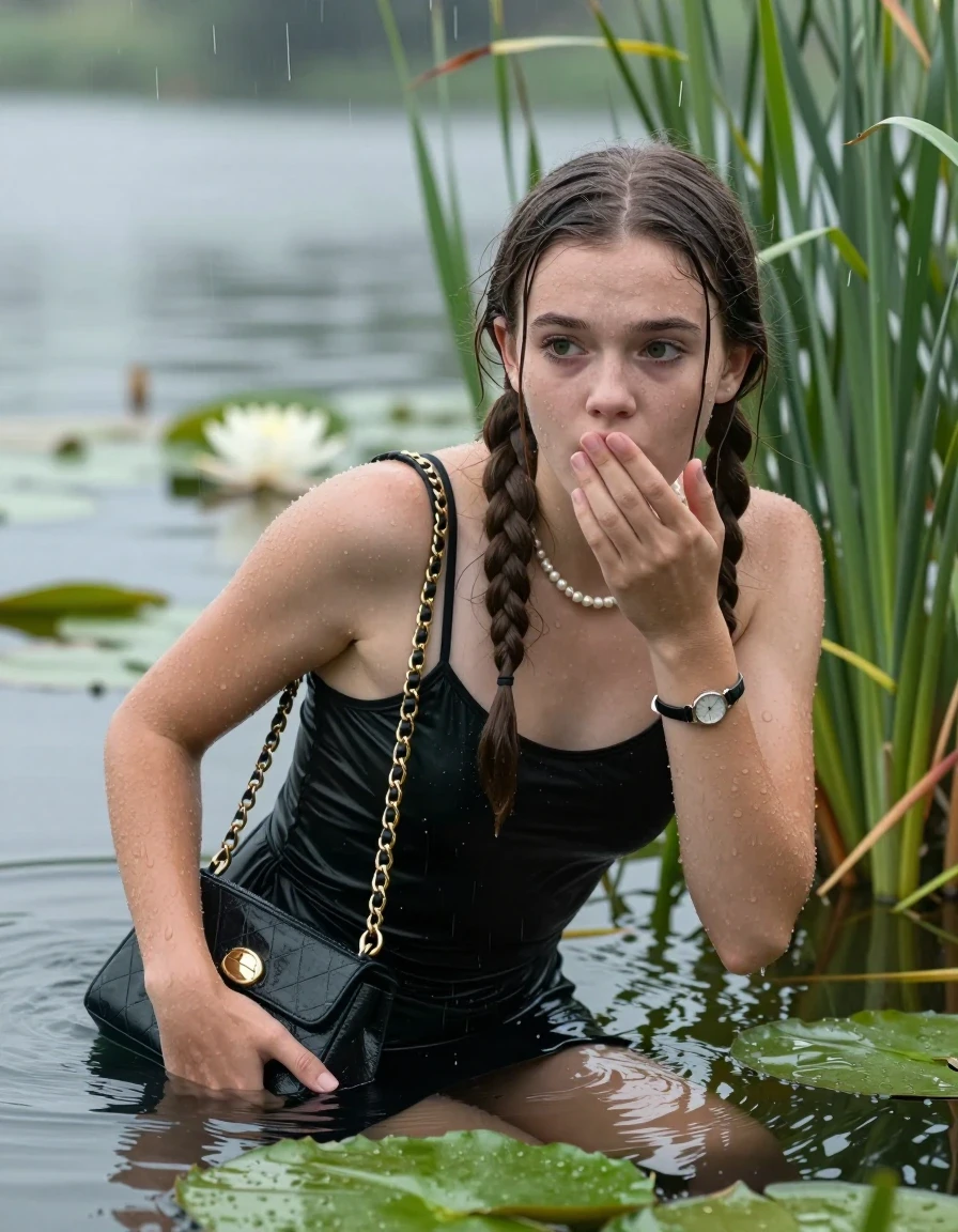 photo of young woman, in soaking wet, drenched clothes,
, , Small black dress with spaghetti straps and wide neckline, handbag, pearl necklace, bracelet, wristwatch , Emerging after diving in a lake with water lilies and reeds, rain , 
enjoying, wet clothes stuck to body,
detailed textures of the wet clothes, wet face, wet plastered hair,
wet, drenched, professional, high-quality details, full body view.
sharp focus, ultra-high pixel detail, realistic, high-quality, full colors, incredibly detailed, 4k, 8k, 16k, hyper-realistic, RAW photo, masterpiece, ultra-detailed, professionally color graded, professional photograph, Two long braids

15 years old  teenage girl

Laying her breast on the surface.  Looking slightly away. Hold her hand on mouth.

she is completely underwater up to her neck, afraid and astonished expression. 

She hides in the reeds and is surprised by spectators

her submerged clothes are hardly vusible under water, she soaked her handbag into the water

close up view, wet skin, wet clothes, wet hair, damp fabric, water runs down the clothes, wet skin, wet clothes, damp fabric, wet skin, wet clothes, damp fabric, wet skin, wet clothes, damp fabric, wet skin, wet clothes, damp fabric, wet skin, wet clothes, damp fabric, wet skin, wet clothes, damp fabric, wet skin, wet clothes, damp fabric, wet skin, wet clothes, damp fabric, wet skin, wet clothes, damp fabric, wet skin, wet clothes, damp fabric, wet skin, wet clothes, damp fabric, wet skin, wet clothes, damp fabric, wet skin, wet clothes, damp fabric, wet skin, wet clothes, damp fabric, wet skin, wet clothes, damp fabric, wet skin, wet clothes, damp fabric, wet skin, wet clothes, damp fabric, wet skin, wet clothes, damp fabric, wet skin, wet clothes, damp fabric