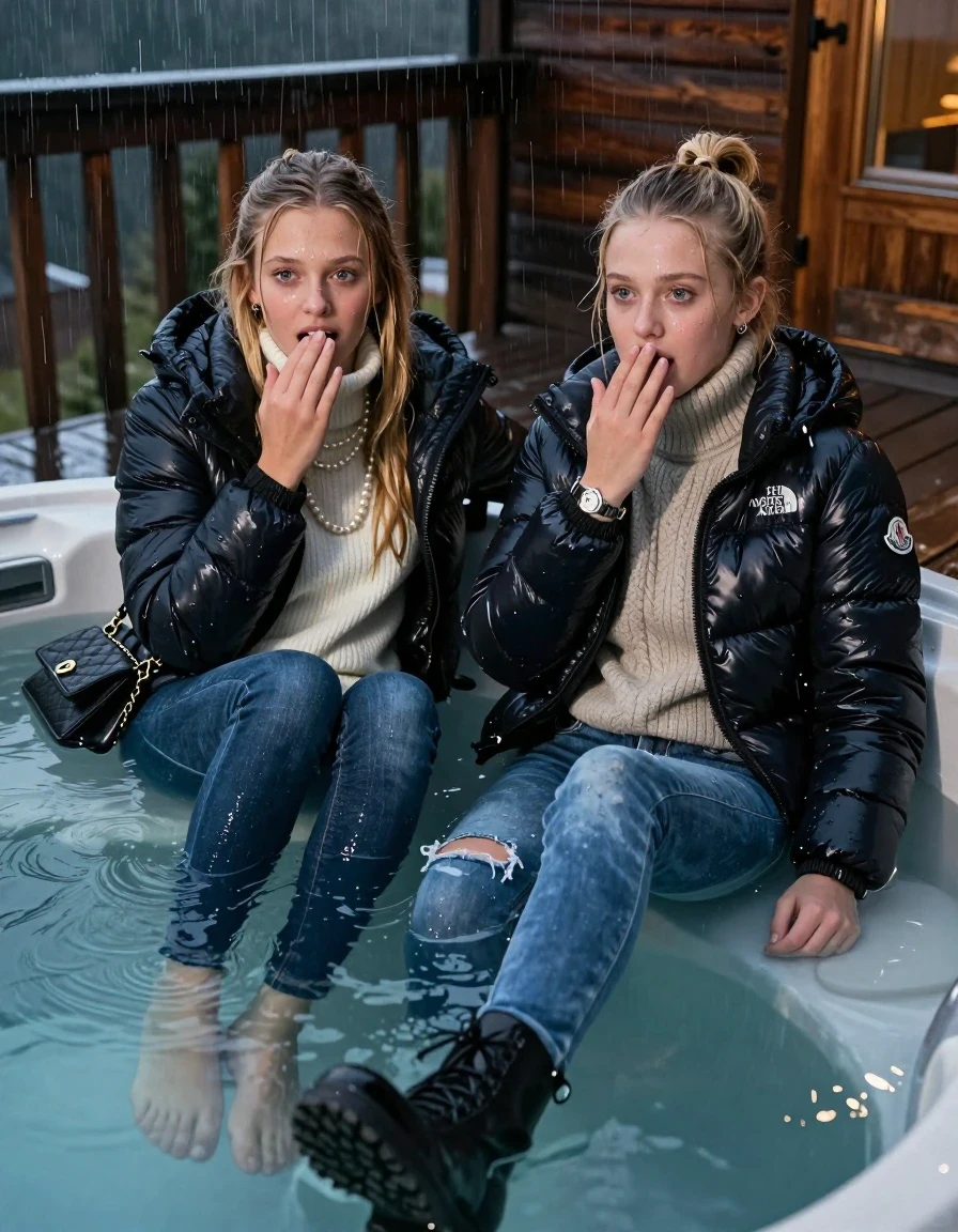 photo of young woman, in soaking wet, drenched clothes,
Boots, Drenched and soaked tight skinny jeans, Moncler shiny Puffer down jacket and Puffer down jacket from north face,  knit turtelneck sweater, handbag, pearl necklace, bracelet, wristwatch , A realistic fashion photograph of  two 15-year-old girl  under Heavy Rain swimming in a steaming hot tub on a wooden mountain cabin deck at night. Heavy Rain., 
enjoying, wet clothes stuck to body,
detailed textures of the wet clothes, wet face, wet plastered hair,
wet, drenched, professional, high-quality details, full body view.
sharp focus, ultra-high pixel detail, realistic, high-quality, full colors, incredibly detailed, 4k, 8k, 16k, hyper-realistic, RAW photo, masterpiece, ultra-detailed, professionally color graded, professional photograph, Different hair styles, Blonde Sleek long straight hair, topknot, ponytail

Two 15-years-old teenage girl. 

Hold a hand over her mouth. Open mouth, big eyes. 

All girls wear different clothes.

One is completely underwater up to her neck, afraid and astonished expression. Slightly smile.

All girls Laying her breast on the surface. Legs and Bodys are under the surface.

her submerged clothes are hardly visible under water, she soaked her handbag into the water

close up view, wet skin, wet clothes, wet hair, damp fabric, water runs down the clothes, wet skin, wet clothes., wet skin, wet clothes, damp fabric