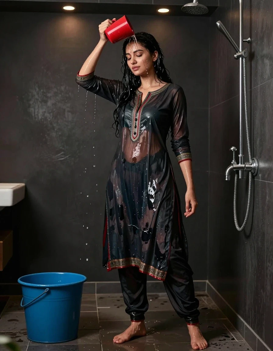 A photorealistic, high-detail image of a young adult European woman with long black hair standing in a dark bathroom. She is wearing an expensive dark-colored salwar kameez, the fabric visibly soaked, clinging to her body, with darker patches, heavy wet folds, and a translucent sheen where the material is saturated. She is barefoot, wearing stiletto heels, and has a serene expression with eyes closed. She is holding a bright red plastic mug in her right hand, pouring water over her head, with glistening water droplets visible on her face, arms, and clothing. To her left on the wet tiled floor sits a large blue metal bucket. A metal shower pipe and faucet are mounted on the right wall. The scene is illuminated solely by ceiling-recessed warm spotlights creating sharp highlights on her wet skin and the damp surfaces. Realistic photography, sharp focus, cinematic lighting, high-resolution textures.