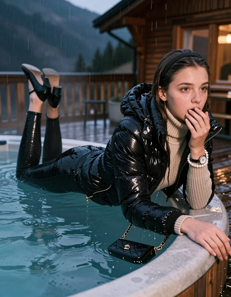 photo of young woman, in soaking wet, drenched clothes,
Heels, Drenched and soaked tight black skinny jeans, Moncler black shiny Puffer down jacket, tight beige knit turtelneck sweater, handbag, pearl necklace, bracelet, wristwatch , A realistic vertical fashion photograph of a 15-year-old girl emerge after diving at the edge of a steaming hot tub on a wooden mountain cabin deck at night. She is looking back over her shoulder toward the camera. Heavy Rain., 
enjoying, wet clothes stuck to body,
detailed textures of the wet clothes, wet face, wet plastered hair,
wet, drenched, professional, high-quality details, full body view.
sharp focus, ultra-high pixel detail, realistic, high-quality, full colors, incredibly detailed, 4k, 8k, 16k, hyper-realistic, RAW photo, masterpiece, ultra-detailed, professionally color graded, professional photograph, Close-up. 
Sleek long straight hair with hairband

15 years old  teenage girl

 hold her hands over her mouth. Laying her breast on the surface.

she is completely underwater up to her neck, afraid and astonished expression.

her submerged clothes are hardly vusible under water, she soaked her handbag into the water

close up view, wet skin, wet clothes, wet hair, damp fabric, water runs down the clothes, wet skin, wet clothes, damp fabric, wet skin, wet clothes, damp fabric, wet skin, wet clothes, damp fabric, wet skin, wet clothes, damp fabric, wet skin, wet clothes, damp fabric, wet skin, wet clothes, damp fabric, wet skin, wet clothes, damp fabric, wet skin, wet clothes, damp fabric, wet skin, wet clothes, damp fabric, wet skin, wet clothes, damp fabric, wet skin, wet clothes, damp fabric, wet skin, wet clothes, damp fabric, wet skin, wet clothes, damp fabric, wet skin, wet clothes, damp fabric, wet skin, wet clothes, damp fabric, wet skin, wet clothes, damp fabric, wet skin, wet clothes, damp fabric, wet skin, wet clothes, damp fabric, wet skin, wet clothes, damp fabric, wet skin, wet clothes, damp fabric