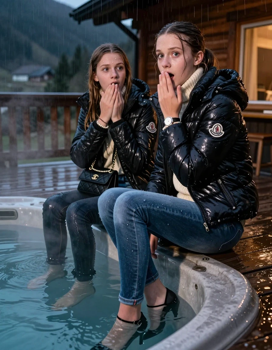 photo of young woman, in soaking wet, drenched clothes,
Heels, Drenched and soaked tight skinny jeans, Moncler shiny Puffer down jacket,  knit turtelneck sweater, handbag, pearl necklace, bracelet, wristwatch , A realistic fashion photograph of  two 15-year-old girl sitting at the edge of a steaming hot tub on a wooden mountain cabin deck at night. She is looking back over her shoulder toward the camera with an afraid and astonished expression. Rain. , 
enjoying, wet clothes stuck to body,
detailed textures of the wet clothes, wet face, wet plastered hair,
wet, drenched, professional, high-quality details, full body view.
sharp focus, ultra-high pixel detail, realistic, high-quality, full colors, incredibly detailed, 4k, 8k, 16k, hyper-realistic, RAW photo, masterpiece, ultra-detailed, professionally color graded, professional photograph, Sleek long straight hair and Sleek long ponytail 

Two 15-years-old teenage girl. 

Hold a hand over her mouth. Open mouth, big eyes. 

The girls wear different clothes.

One is completely underwater up to her neck, shocked expression.

her submerged clothes are hardly visible under water, she soaked her handbag into the water

close up view, wet skin, wet clothes, wet hair, damp fabric, water runs down the clothes, wet skin, wet clothes., wet skin, wet clothes, damp fabric