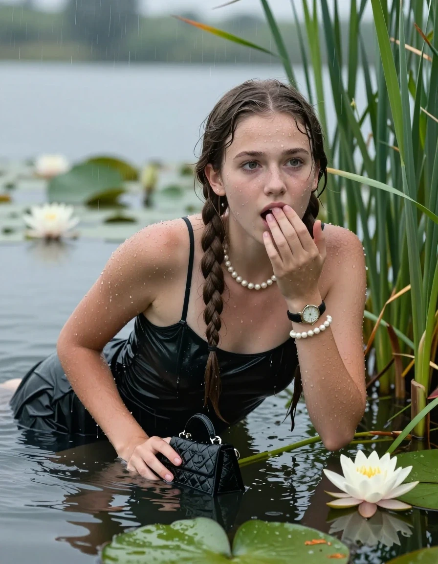 photo of young woman, in soaking wet, drenched clothes,
, , Small black dress with spaghetti straps and wide neckline, handbag, pearl necklace, bracelet, wristwatch , Emerging after diving in a lake with water lilies and reeds, rain , 
enjoying, wet clothes stuck to body,
detailed textures of the wet clothes, wet face, wet plastered hair,
wet, drenched, professional, high-quality details, full body view.
sharp focus, ultra-high pixel detail, realistic, high-quality, full colors, incredibly detailed, 4k, 8k, 16k, hyper-realistic, RAW photo, masterpiece, ultra-detailed, professionally color graded, professional photograph, Two long braids

15 years old  teenage girl

Laying her breast on the surface.  Looking slightly away. Hold her hand on mouth.

she is completely underwater up to her neck, afraid and astonished expression. 

She hides in the reeds and is surprised by spectators

her submerged clothes are hardly vusible under water, she soaked her handbag into the water

close up view, wet skin, wet clothes, wet hair, damp fabric, water runs down the clothes, wet skin, wet clothes, damp fabric, wet skin, wet clothes, damp fabric, wet skin, wet clothes, damp fabric, wet skin, wet clothes, damp fabric, wet skin, wet clothes, damp fabric, wet skin, wet clothes, damp fabric, wet skin, wet clothes, damp fabric, wet skin, wet clothes, damp fabric, wet skin, wet clothes, damp fabric, wet skin, wet clothes, damp fabric, wet skin, wet clothes, damp fabric, wet skin, wet clothes, damp fabric, wet skin, wet clothes, damp fabric, wet skin, wet clothes, damp fabric, wet skin, wet clothes, damp fabric, wet skin, wet clothes, damp fabric, wet skin, wet clothes, damp fabric, wet skin, wet clothes, damp fabric, wet skin, wet clothes, damp fabric