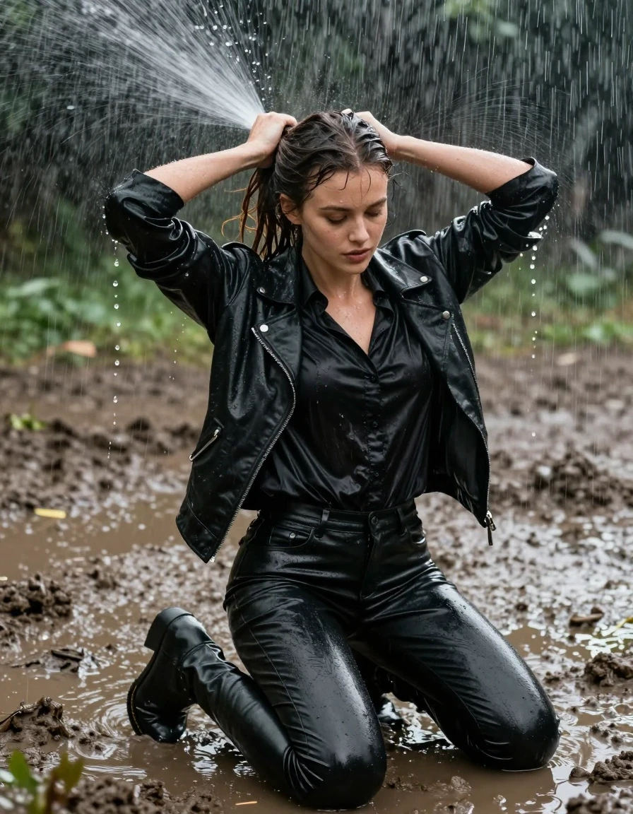 A young adult European woman with a long ponytail, kneeling in a mud pit during a heavy rainstorm at night, drenched and actively wringing out her wet hair under a spraying overhead sprinkler. She is wearing an oversize black silk button shirt, a black leather jacket, black leather long pants, and knee-length black leather boots. The clothing is heavily soaked, showing realistic wetness, water sheen, heavy folds, and clinging texture. Water droplets are captured in mid-air, glistening under cinematic lighting. High-angle wide shot, realistic street photography, sharp focus on fabric texture, rich natural color, balanced bright exposure, moderate contrast, and softly lifted shadows.