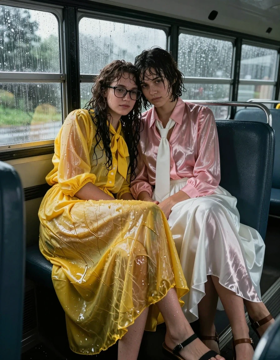 A photorealistic, cinematic shot of two young adult European women, who are lesbian nerdy teachers, relaxing in each other's arms inside a school bus after being caught in a storm. The first woman has long curly hair, wears glasses, and is dressed in an oversized floor-length yellow buttoned-down nylon dress with a bowtie. The second woman has short Beatles-style hair and wears a pink long-sleeved satin blouse with a white necktie and a floor-length white silk skirt. Both women are wearing sandals. Both are visibly drenched from the storm; their skin is glistening with water, their hair is plastered to their heads, and their clothing is heavy, clinging, and translucent in areas where it is saturated. The yellow nylon dress and white silk skirt are darkened by water, showing deep folds, heavy wet fabric textures, and high-gloss specular reflections from the bus interior lighting. The atmosphere is intimate and cozy, with the women embracing closely. The interior of the school bus features worn vinyl seats and metal railings, with soft, ambient light filtering through rain-streaked windows. High-detail, 8k resolution, realistic fabric physics, water sheen, hyper-detailed textures.