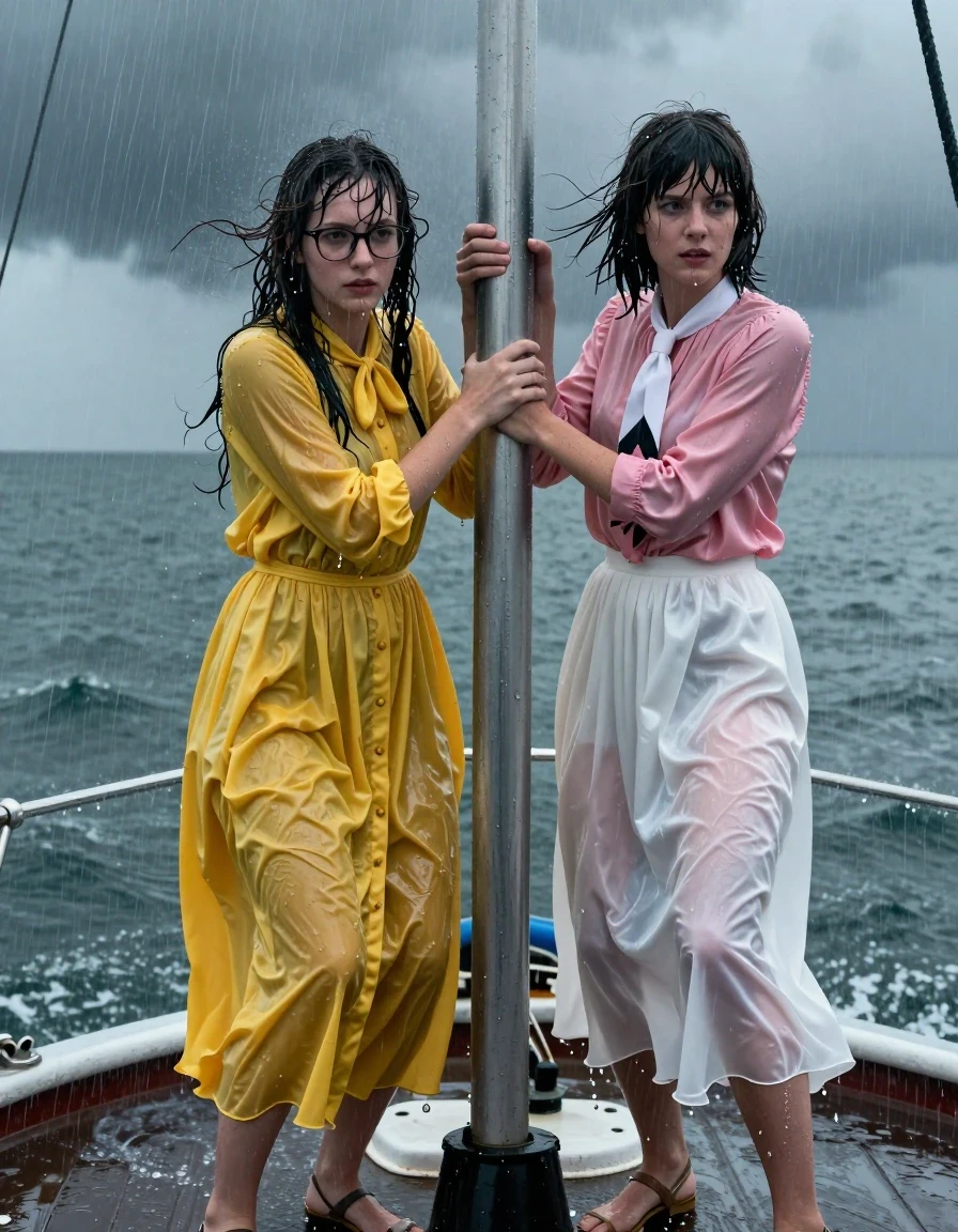 A photorealistic, high-detail cinematic shot of two young adult European women, both nerdy teachers, caught in a violent storm aboard a boat. The first woman has long curly hair, wears glasses, and is dressed in an oversized floor-length yellow buttoned-down nylon dress with a bowtie. The second woman has a Beatles-style haircut and wears a pink long-sleeved satin blouse with a white necktie paired with a floor-length white silk skirt. Both women wear sandals. They are both struggling to hold onto the boat's mast as heavy rain and sea spray lash against them. The scene is defined by extreme wetness: their hair is plastered to their faces, their skin glistens with water, and their clothing is completely soaked, clinging to their bodies, showing heavy fabric folds, darkening in color, and exhibiting intense specular reflections from the relentless rain. The nylon dress and silk skirt are saturated and translucent where they cling to the skin, with water dripping from the hems. The lighting is moody and overcast, highlighting the dark, stormy sea and the wet textures of the boat deck. Shot with a 35mm lens, sharp focus on the subjects, high-contrast atmospheric storm lighting, hyper-realistic water droplets and sheen, professional photography.