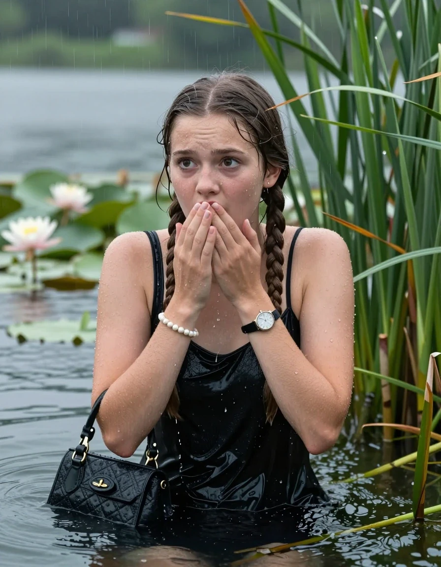 photo of young woman, in soaking wet, drenched clothes,
, , Small black dress with spaghetti straps and wide neckline, handbag, pearl necklace, bracelet, wristwatch , Emerging after diving in a lake with water lilies and reeds, rain , 
enjoying, wet clothes stuck to body,
detailed textures of the wet clothes, wet face, wet plastered hair,
wet, drenched, professional, high-quality details, full body view.
sharp focus, ultra-high pixel detail, realistic, high-quality, full colors, incredibly detailed, 4k, 8k, 16k, hyper-realistic, RAW photo, masterpiece, ultra-detailed, professionally color graded, professional photograph, Two long braids

15 years old  teenage girl

Laying her breast on the surface.  Looking slightly away. Hold her hand on mouth.

she is completely underwater up to her neck, afraid and astonished expression. 

She hides in the reeds and is surprised by spectators

her submerged clothes are hardly vusible under water, she soaked her handbag into the water

close up view, wet skin, wet clothes, wet hair, damp fabric, water runs down the clothes, wet skin, wet clothes, damp fabric, wet skin, wet clothes, damp fabric, wet skin, wet clothes, damp fabric, wet skin, wet clothes, damp fabric, wet skin, wet clothes, damp fabric, wet skin, wet clothes, damp fabric, wet skin, wet clothes, damp fabric, wet skin, wet clothes, damp fabric, wet skin, wet clothes, damp fabric, wet skin, wet clothes, damp fabric, wet skin, wet clothes, damp fabric, wet skin, wet clothes, damp fabric, wet skin, wet clothes, damp fabric, wet skin, wet clothes, damp fabric, wet skin, wet clothes, damp fabric, wet skin, wet clothes, damp fabric, wet skin, wet clothes, damp fabric, wet skin, wet clothes, damp fabric, wet skin, wet clothes, damp fabric