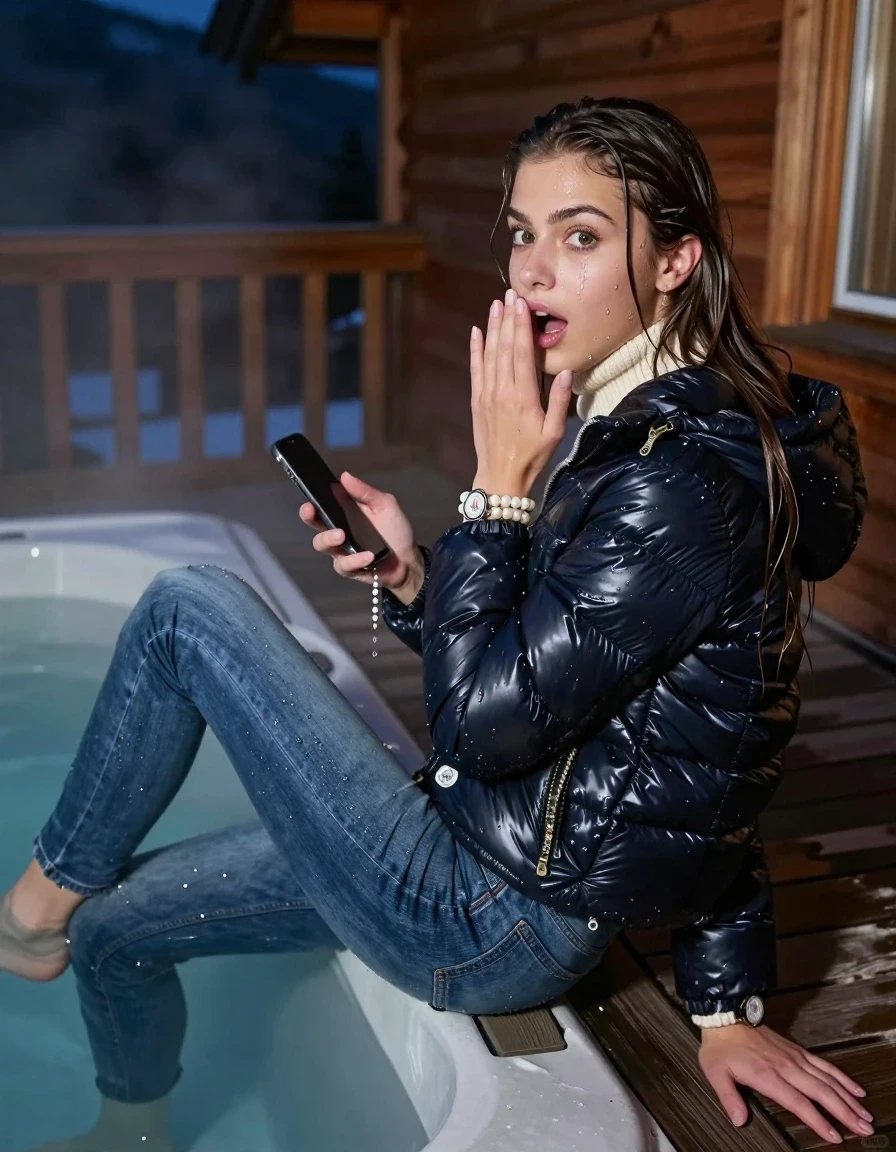 photo of young woman, in soaking wet, drenched clothes,
, Drenched and soaked tight skinny jeans, Moncler shiny Puffer down jacket,  knit turtelneck sweater, handbag, pearl necklace, bracelet, wristwatch , A realistic vertical fashion photograph of a 19-year-old girl sit at the edge of a steaming hot tub on a wooden mountain cabin deck at night. She is looking back over her shoulder toward the camera with an expectant and playful expression., 
enjoying, wet clothes stuck to body,
detailed textures of the wet clothes, wet face, wet plastered hair,
wet, drenched, professional, high-quality details, full body view.
sharp focus, ultra-high pixel detail, realistic, high-quality, full colors, incredibly detailed, 4k, 8k, 16k, hyper-realistic, RAW photo, masterpiece, ultra-detailed, professionally color graded, professional photograph, Close-up. 
Sleek long straight hair 

19 years old  teenage girl

open mouth, big eyes, one hand on her mouth and in the other hand her smartphone. Laying her breast on the surface.  Looking at camera.

she is completely underwater up to her neck, afraid and astonished expression.

her submerged clothes are hardly vusible under water, she soaked her handbag into the water

close up view, wet skin, wet clothes, wet hair, damp fabric, water runs down the clothes, wet skin, wet clothes, damp fabric, wet skin, wet clothes, damp fabric, wet skin, wet clothes, damp fabric, wet skin, wet clothes, damp fabric, wet skin, wet clothes, damp fabric, wet skin, wet clothes, damp fabric, wet skin, wet clothes, damp fabric, wet skin, wet clothes, damp fabric, wet skin, wet clothes, damp fabric, wet skin, wet clothes, damp fabric, wet skin, wet clothes, damp fabric, wet skin, wet clothes, damp fabric, wet skin, wet clothes, damp fabric, wet skin, wet clothes, damp fabric, wet skin, wet clothes, damp fabric, wet skin, wet clothes, damp fabric, wet skin, wet clothes, damp fabric, wet skin, wet clothes, damp fabric
