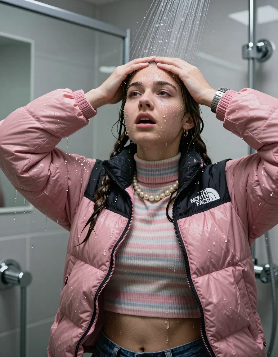 photo of young woman, in soaking wet, drenched clothes,
, , Pink North face puffer down jacket, tight striped knit turtleneck sweater belly free, handbag, pearl necklace, bracelet, wristwatch, Under the shower, strong jet of water, modern mirrored bathroom, 
enjoying, wet clothes stuck to body,
detailed textures of the wet clothes, wet face, wet plastered hair,
wet, drenched, professional, high-quality details, full body view.
sharp focus, ultra-high pixel detail, realistic, high-quality, full colors, incredibly detailed, 4k, 8k, 16k, hyper-realistic, RAW photo, masterpiece, ultra-detailed, professionally color graded, professional photograph, Two pigtails

15 years old  teenage girl

Only head and shoulders are over the surface visible. Open mouth, half closed eyes. Looking up. Hold her hands over her forehead.

she is completely underwater up to her neck, afraid and astonished expression. 

her submerged clothes are hardly vusible under water, she soaked her handbag into the water

close up view, wet skin, wet clothes, wet hair, damp fabric, water runs down the clothes, wet skin, wet clothes, damp fabric., wet skin, wet clothes, damp fabric, wet skin, wet clothes, damp fabric, wet skin, wet clothes, damp fabric