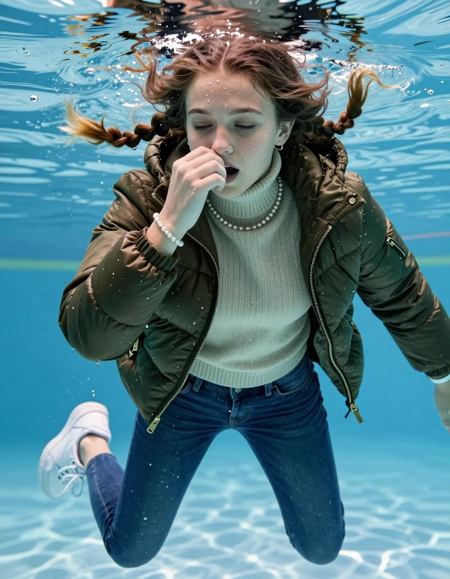 photo of young woman, in soaking wet, drenched clothes,
White sneakers , Completely soaked tight skinny jeans,  Belstaff olive shiny puffer down jacket, tight knit turtleneck sweater, shoulderbag, pearl necklace, bracelet, wristwatch , Swimming half submerged underwater in swimming pool , 
enjoying, wet clothes stuck to body,
detailed textures of the wet clothes, wet face, wet plastered hair,
wet, drenched, professional, high-quality details, full body view.
sharp focus, ultra-high pixel detail, realistic, high-quality, full colors, incredibly detailed, 4k, 8k, 16k, hyper-realistic, RAW photo, masterpiece, ultra-detailed, professionally color graded, professional photograph, Two sleek long braids

15 years old  teenage girl

Hold her hand over her nose. Looking slightly away. Open mouth, closed eyes.

she is completely underwater up to her neck, afraid and astonished expression. 

Swimming movements with Arms and legs. Breast swimming.

her submerged clothes are hardly vusible under water, she soaked her handbag into the water

close up view, wet skin, wet clothes, wet hair, damp fabric, water runs down the clothes, wet skin, wet clothes, damp fabric, wet skin, wet clothes, damp fabric, wet skin, wet clothes, damp fabric, wet skin, wet clothes, damp fabric, wet skin, wet clothes, damp fabric, wet skin, wet clothes, damp fabric, wet skin, wet clothes, damp fabric, wet skin, wet clothes, damp fabric, wet skin, wet clothes, damp fabric, wet skin, wet clothes, damp fabric, wet skin, wet clothes, damp fabric, wet skin, wet clothes, damp fabric, wet skin, wet clothes, damp fabric, wet skin, wet clothes, damp fabric, wet skin, wet clothes, damp fabric, wet skin, wet clothes, damp fabric, wet skin, wet clothes, damp fabric, wet skin, wet clothes, damp fabric, wet skin, wet clothes, damp fabric, wet skin, wet clothes, damp fabric