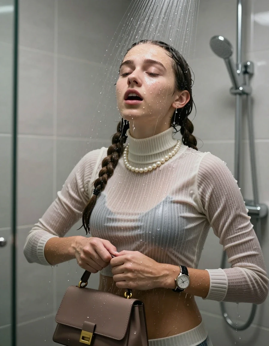 photo of young woman, in soaking wet, drenched clothes,
, ,  tight striped knit turtleneck sweater belly free, handbag, pearl necklace, bracelet, wristwatch, Under the shower, strong jet of water, modern mirrored bathroom, 
enjoying, wet clothes stuck to body,
detailed textures of the wet clothes, wet face, wet plastered hair,
wet, drenched, professional, high-quality details, full body view.
sharp focus, ultra-high pixel detail, realistic, high-quality, full colors, incredibly detailed, 4k, 8k, 16k, hyper-realistic, RAW photo, masterpiece, ultra-detailed, professionally color graded, professional photograph, Two pigtails

15 years old  teenage girl

Only head and shoulders are over the surface visible. Open mouth, closed eyes. Looking up. 

she is completely underwater up to her neck, afraid and astonished expression. 

her submerged clothes are hardly vusible under water, she soaked her handbag into the water

close up view, wet skin, wet clothes, wet hair, damp fabric, water runs down the clothes, wet skin, wet clothes, damp fabric., wet skin, wet clothes, damp fabric, wet skin, wet clothes, damp fabric, wet skin, wet clothes, damp fabric, wet skin, wet clothes, damp fabric
