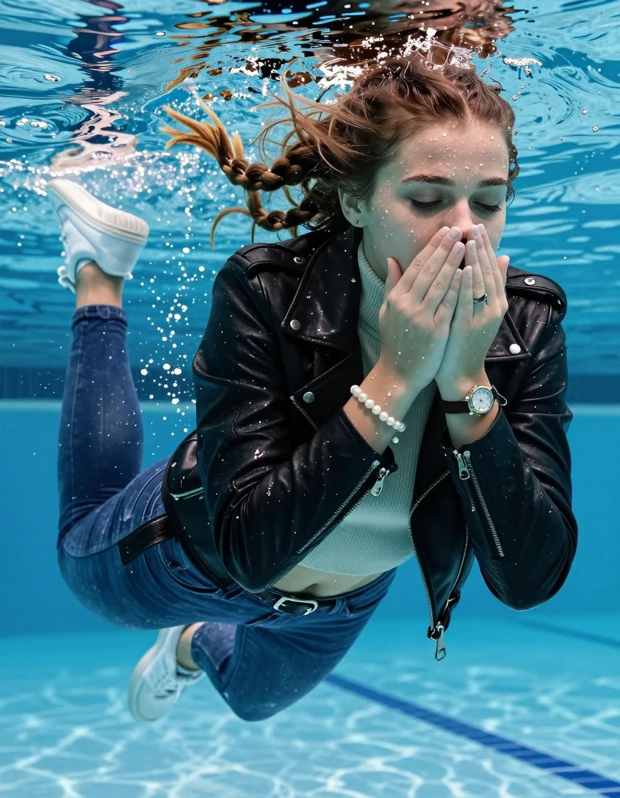 photo of young woman, in soaking wet, drenched clothes,
White sneakers , Completely soaked tight skinny jeans, Black biker leatherjacket, tight knit turtleneck sweater belly free, shoulderbag, pearl necklace, bracelet, wristwatch , Swimming half submerged underwater in swimming pool , 
enjoying, wet clothes stuck to body,
detailed textures of the wet clothes, wet face, wet plastered hair,
wet, drenched, professional, high-quality details, full body view.
sharp focus, ultra-high pixel detail, realistic, high-quality, full colors, incredibly detailed, 4k, 8k, 16k, hyper-realistic, RAW photo, masterpiece, ultra-detailed, professionally color graded, professional photograph, Two sleek long braids

15 years old  teenage girl

Covers her nose with her fingers. Looking slightly away. Open mouth, closed eyes.

she is completely underwater up to her neck, afraid and astonished expression. 

Swimming movements with Arms and legs. Breast swimming.

her submerged clothes are hardly vusible under water, she soaked her handbag into the water

close up view, wet skin, wet clothes, wet hair, damp fabric, water runs down the clothes, wet skin, wet clothes, damp fabric, wet skin, wet clothes, damp fabric, wet skin, wet clothes, damp fabric, wet skin, wet clothes, damp fabric, wet skin, wet clothes, damp fabric, wet skin, wet clothes, damp fabric, wet skin, wet clothes, damp fabric, wet skin, wet clothes, damp fabric, wet skin, wet clothes, damp fabric, wet skin, wet clothes, damp fabric, wet skin, wet clothes, damp fabric, wet skin, wet clothes, damp fabric, wet skin, wet clothes, damp fabric, wet skin, wet clothes, damp fabric, wet skin, wet clothes, damp fabric, wet skin, wet clothes, damp fabric, wet skin, wet clothes, damp fabric, wet skin, wet clothes, damp fabric, wet skin, wet clothes, damp fabric, wet skin, wet clothes, damp fabric
