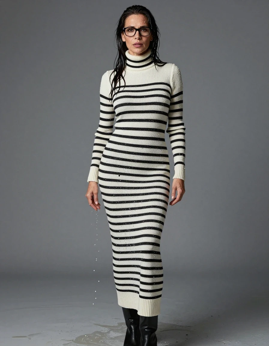 photo of young woman, in soaking wet, drenched clothes,
boots, maxi white & black striped high-neck sweater dress with long sleeves, maxi white & black striped high-neck sweater dress with long sleeves, enjoying wet clothes stuck body, enjoying, wet clothes stuck to body, 
enjoying, wet clothes stuck to body,
detailed textures of the wet clothes, wet face, wet plastered hair,
wet, drenched, professional, high-quality details, full body view.
sharp focus, ultra-high pixel detail, realistic, high-quality, full colors, incredibly detailed, 4k, 8k, 16k, hyper-realistic, RAW photo, masterpiece, ultra-detailed, professionally color graded, professional photograph, europen brunette skinny woman 50 years old, long dark black hair, very big and thick lips,  office glasses, complete body, wet skin, wet clothes, damp fabric, wet skin, wet clothes, damp fabric, wet skin, wet clothes, damp fabric, wet skin, wet clothes, damp fabric, wet skin, wet clothes, damp fabric