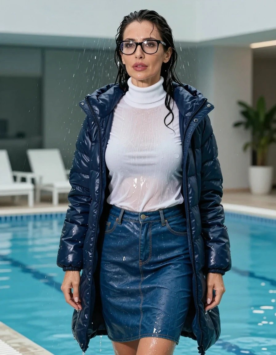 photo of young woman, in soaking wet, drenched clothes,
buts, long blue leather denim skirt, white high-neck sweater with long sleeves, maxi dark blue down jacket, shower after bath in indoor swimming pool, enjoying wet clothes stuck body, enjoying, wet clothes stuck to body, 
enjoying, wet clothes stuck to body,
detailed textures of the wet clothes, wet face, wet plastered hair,
wet, drenched, professional, high-quality details, full body view.
sharp focus, ultra-high pixel detail, realistic, high-quality, full colors, incredibly detailed, 4k, 8k, 16k, hyper-realistic, RAW photo, masterpiece, ultra-detailed, professionally color graded, professional photograph, europen brunette skinny woman 50 years old, long dark black hair, very big and thick lips,  office glasses, complete body, wet skin, wet clothes, damp fabric, wet skin, wet clothes, damp fabric, wet skin, wet clothes, damp fabric, wet skin, wet clothes, damp fabric, wet skin, wet clothes, damp fabric