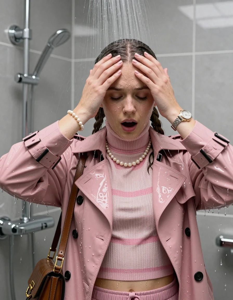 photo of young woman, in soaking wet, drenched clothes,
, , Pink woolen winter Trenchcoat, tight striped knit turtleneck sweater belly free, handbag, pearl necklace, bracelet, wristwatch, Under the shower, strong jet of water, modern mirrored bathroom, 
enjoying, wet clothes stuck to body,
detailed textures of the wet clothes, wet face, wet plastered hair,
wet, drenched, professional, high-quality details, full body view.
sharp focus, ultra-high pixel detail, realistic, high-quality, full colors, incredibly detailed, 4k, 8k, 16k, hyper-realistic, RAW photo, masterpiece, ultra-detailed, professionally color graded, professional photograph, Two pigtails

15 years old  teenage girl

Only head and shoulders are over the surface visible. Open mouth, closed eyes. Looking down. Hold her hands over her forehead.

she is completely underwater up to her neck, afraid and astonished expression. 

her submerged clothes are hardly vusible under water, she soaked her handbag into the water

close up view, wet skin, wet clothes, wet hair, damp fabric, water runs down the clothes, wet skin, wet clothes, damp fabric., wet skin, wet clothes, damp fabric, wet skin, wet clothes, damp fabric, wet skin, wet clothes, damp fabric