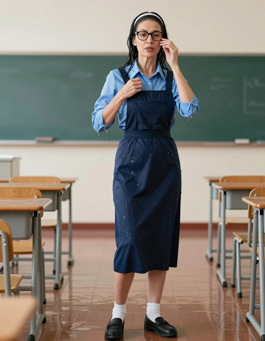 photo of young woman, in soaking wet, drenched clothes,
black shoes, white socks, school uniform with maxi dark blue school tight pinafore with pocket and blue shirt with long sleeves, school uniform with maxi dark blue school tight pinafore with pocket and blue shirt with long sleeves, after swimming in classroom, enjoying wet clothes stuck body, enjoying, wet clothes stuck to body, 
enjoying, wet clothes stuck to body,
detailed textures of the wet clothes, wet face, wet plastered hair,
wet, drenched, professional, high-quality details, full body view.
sharp focus, ultra-high pixel detail, realistic, high-quality, full colors, incredibly detailed, 4k, 8k, 16k, hyper-realistic, RAW photo, masterpiece, ultra-detailed, professionally color graded, professional photograph, europen brunette skinny woman 50 years old, long dark black hair, very big and thick lips,  office glasses, white headband, complete body, wet skin, wet clothes, damp fabric, wet skin, wet clothes, damp fabric, wet skin, wet clothes, damp fabric, wet skin, wet clothes, damp fabric, wet skin, wet clothes, damp fabric