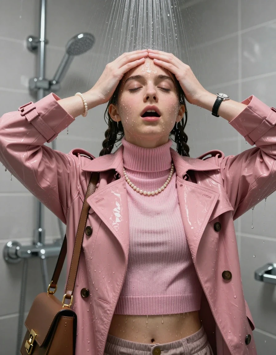 photo of young woman, in soaking wet, drenched clothes,
, , Pink woolen winter Trenchcoat, tight striped knit turtleneck sweater belly free, handbag, pearl necklace, bracelet, wristwatch, Under the shower, strong jet of water, modern mirrored bathroom, 
enjoying, wet clothes stuck to body,
detailed textures of the wet clothes, wet face, wet plastered hair,
wet, drenched, professional, high-quality details, full body view.
sharp focus, ultra-high pixel detail, realistic, high-quality, full colors, incredibly detailed, 4k, 8k, 16k, hyper-realistic, RAW photo, masterpiece, ultra-detailed, professionally color graded, professional photograph, Two pigtails

15 years old  teenage girl

Only head and shoulders are over the surface visible. Open mouth, closed eyes. Looking up. Hold her hands over her forehead.

she is completely underwater up to her neck, afraid and astonished expression. 

her submerged clothes are hardly vusible under water, she soaked her handbag into the water

close up view, wet skin, wet clothes, wet hair, damp fabric, water runs down the clothes, wet skin, wet clothes, damp fabric., wet skin, wet clothes, damp fabric, wet skin, wet clothes, damp fabric, wet skin, wet clothes, damp fabric