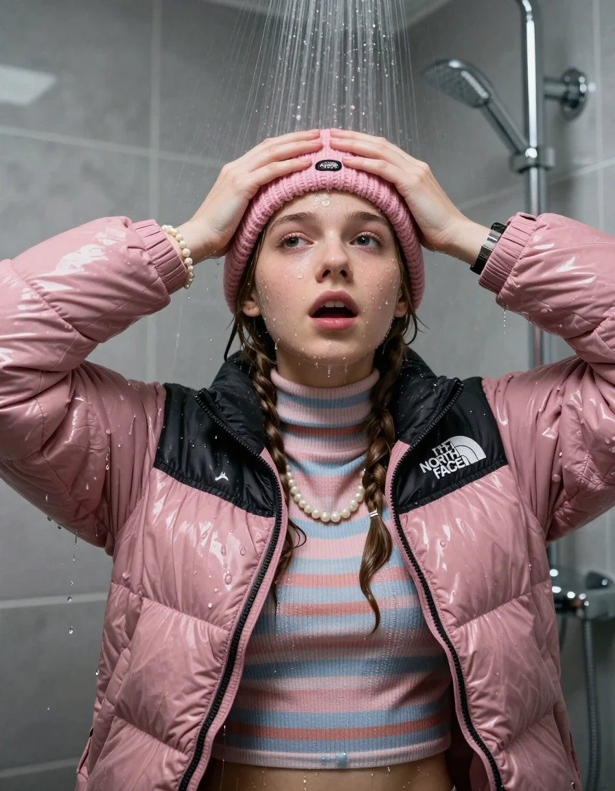 photo of young woman, in soaking wet, drenched clothes,
, , Pink North face puffer down jacket, tight striped knit turtleneck sweater belly free, handbag, pearl necklace, bracelet, wristwatch, pink knitted north face hat, Under the shower, strong jet of water, modern mirrored bathroom, 
enjoying, wet clothes stuck to body,
detailed textures of the wet clothes, wet face, wet plastered hair,
wet, drenched, professional, high-quality details, full body view.
sharp focus, ultra-high pixel detail, realistic, high-quality, full colors, incredibly detailed, 4k, 8k, 16k, hyper-realistic, RAW photo, masterpiece, ultra-detailed, professionally color graded, professional photograph, Two pigtails

15 years old  teenage girl

Only head and shoulders are over the surface visible. Open mouth, half closed eyes. Looking up. Hold her hands over her forehead.

she is completely underwater up to her neck, afraid and astonished expression. 

her submerged clothes are hardly vusible under water, she soaked her handbag into the water

close up view, wet skin, wet clothes, wet hair, damp fabric, water runs down the clothes, wet skin, wet clothes, damp fabric., wet skin, wet clothes, damp fabric, wet skin, wet clothes, damp fabric, wet skin, wet clothes, damp fabric