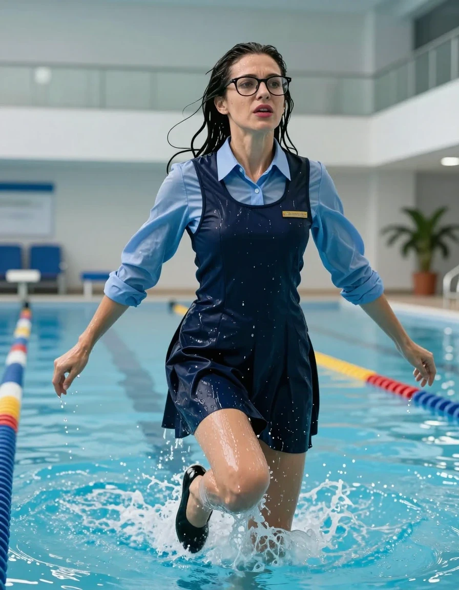 photo of young woman, in soaking wet, drenched clothes,
shoes, school uniform with dark blue school pinafore and blue shirt with long sleeves, school uniform with dark blue school pinafore and blue shirt with long sleeves, jump in indoor swimming pool, enjoying wet clothes stuck body, enjoying, wet clothes stuck to body, 
enjoying, wet clothes stuck to body,
detailed textures of the wet clothes, wet face, wet plastered hair,
wet, drenched, professional, high-quality details, full body view.
sharp focus, ultra-high pixel detail, realistic, high-quality, full colors, incredibly detailed, 4k, 8k, 16k, hyper-realistic, RAW photo, masterpiece, ultra-detailed, professionally color graded, professional photograph, europen brunette skinny woman 50 years old, long dark black hair, very big and thick lips,  office glasses, complete body, wet skin, wet clothes, damp fabric, wet skin, wet clothes, damp fabric, wet skin, wet clothes, damp fabric, wet skin, wet clothes, damp fabric, wet skin, wet clothes, damp fabric