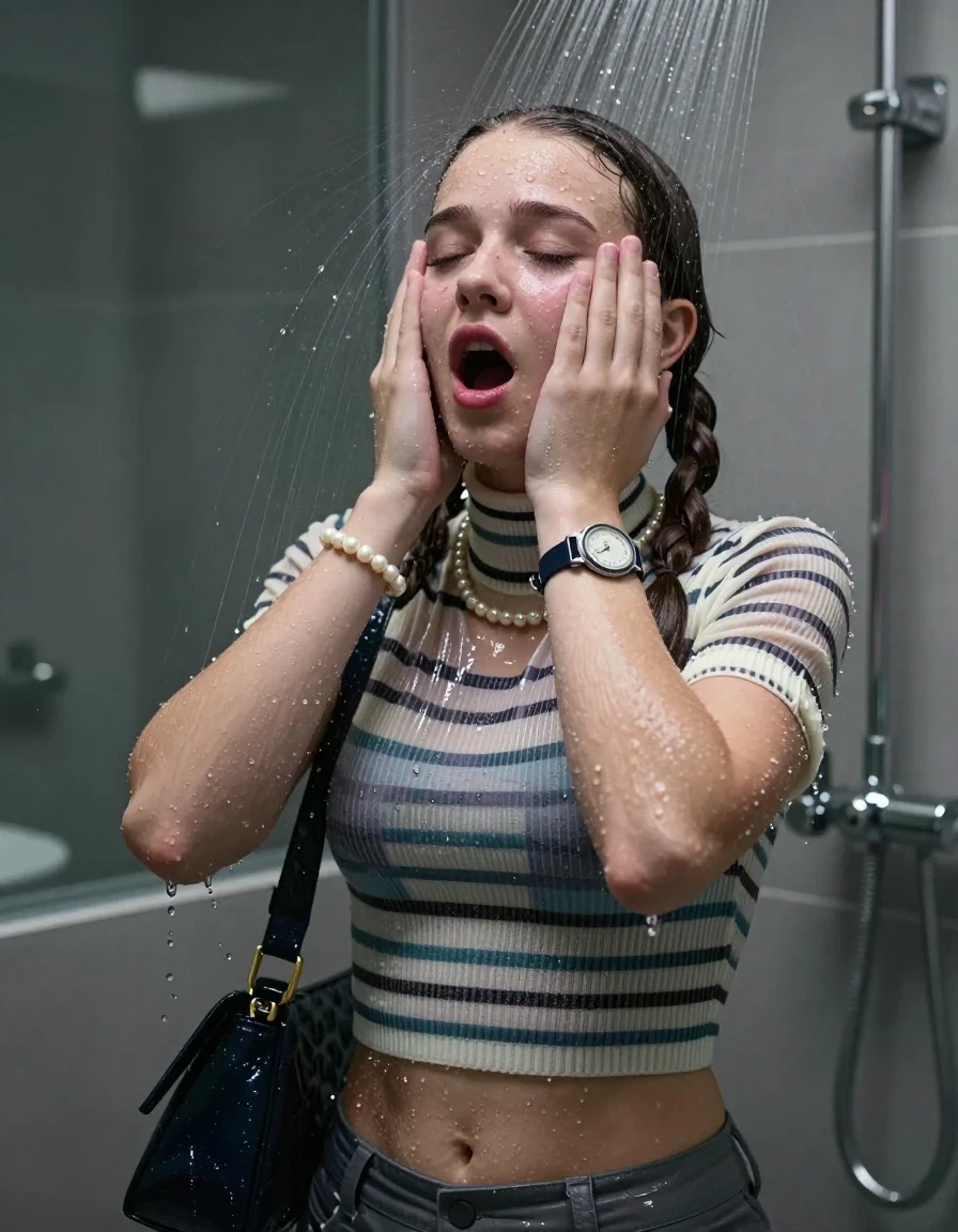 photo of young woman, in soaking wet, drenched clothes,
, , Moncler puffer down jacket, tight striped knit turtleneck sweater belly free, handbag, pearl necklace, bracelet, wristwatch, Under the shower, strong jet of water, modern mirrored bathroom, 
enjoying, wet clothes stuck to body,
detailed textures of the wet clothes, wet face, wet plastered hair,
wet, drenched, professional, high-quality details, full body view.
sharp focus, ultra-high pixel detail, realistic, high-quality, full colors, incredibly detailed, 4k, 8k, 16k, hyper-realistic, RAW photo, masterpiece, ultra-detailed, professionally color graded, professional photograph, Two pigtails

15 years old  teenage girl

Only head and shoulders are over the surface visible. Open mouth, closed eyes. Looking up. Hold her hands over her face.

she is completely underwater up to her neck, afraid and astonished expression. 

her submerged clothes are hardly vusible under water, she soaked her handbag into the water

close up view, wet skin, wet clothes, wet hair, damp fabric, water runs down the clothes, wet skin, wet clothes, damp fabric., wet skin, wet clothes, damp fabric, wet skin, wet clothes, damp fabric, wet skin, wet clothes, damp fabric