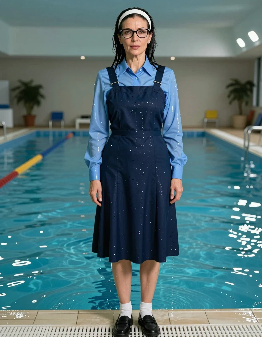 photo of young woman, in soaking wet, drenched clothes,
black shoes, white socks, school uniform with maxi tight dark blue school pinafore and blue shirt with long sleeves, school uniform with maxi tight dark blue school pinafore and blue shirt with long sleeves, after bath, indoor swimming pool, enjoying wet clothes stuck body, enjoying, wet clothes stuck to body, 
enjoying, wet clothes stuck to body,
detailed textures of the wet clothes, wet face, wet plastered hair,
wet, drenched, professional, high-quality details, full body view.
sharp focus, ultra-high pixel detail, realistic, high-quality, full colors, incredibly detailed, 4k, 8k, 16k, hyper-realistic, RAW photo, masterpiece, ultra-detailed, professionally color graded, professional photograph, europen brunette skinny woman 50 years old, long dark black hair, very big and thick lips,  office glasses, white headband, complete body, wet skin, wet clothes, damp fabric, wet skin, wet clothes, damp fabric, wet skin, wet clothes, damp fabric, wet skin, wet clothes, damp fabric, wet skin, wet clothes, damp fabric