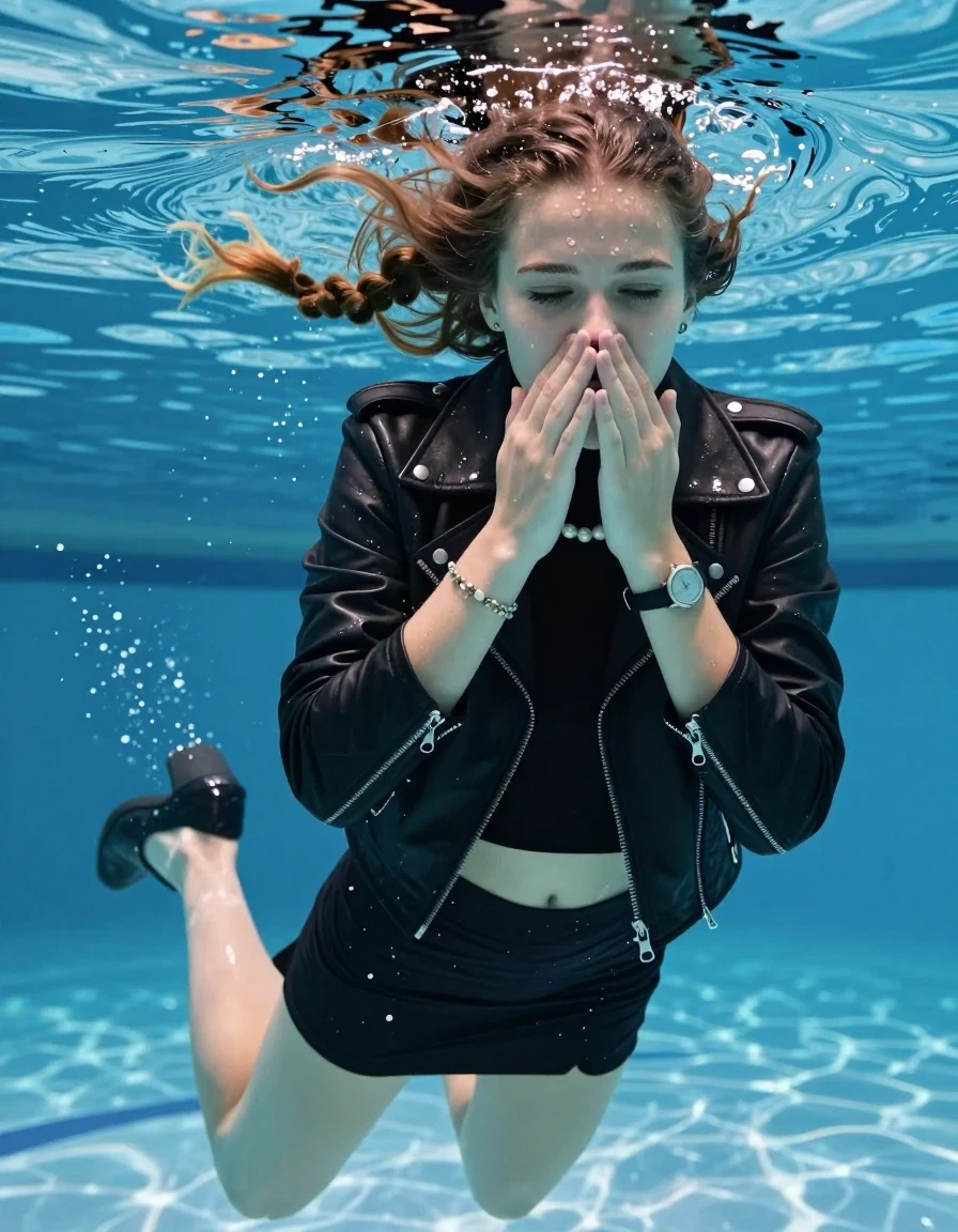 photo of young woman, in soaking wet, drenched clothes,
Heels, Short black mini skirt, Black biker leatherjacket, tight knit turtleneck sweater belly free, shoulderbag, pearl necklace, bracelet, wristwatch , Swimming half submerged underwater in swimming pool , 
enjoying, wet clothes stuck to body,
detailed textures of the wet clothes, wet face, wet plastered hair,
wet, drenched, professional, high-quality details, full body view.
sharp focus, ultra-high pixel detail, realistic, high-quality, full colors, incredibly detailed, 4k, 8k, 16k, hyper-realistic, RAW photo, masterpiece, ultra-detailed, professionally color graded, professional photograph, Two sleek long braids

15 years old  teenage girl

Covers her nose with her fingers. Looking slightly away. Open mouth, closed eyes.

she is completely underwater up to her neck, afraid and astonished expression. 

Swimming movements with Arms and legs. Breast swimming.

her submerged clothes are hardly vusible under water, she soaked her handbag into the water

close up view, wet skin, wet clothes, wet hair, damp fabric, water runs down the clothes, wet skin, wet clothes, damp fabric, wet skin, wet clothes, damp fabric, wet skin, wet clothes, damp fabric, wet skin, wet clothes, damp fabric, wet skin, wet clothes, damp fabric, wet skin, wet clothes, damp fabric, wet skin, wet clothes, damp fabric, wet skin, wet clothes, damp fabric, wet skin, wet clothes, damp fabric, wet skin, wet clothes, damp fabric, wet skin, wet clothes, damp fabric, wet skin, wet clothes, damp fabric, wet skin, wet clothes, damp fabric, wet skin, wet clothes, damp fabric, wet skin, wet clothes, damp fabric, wet skin, wet clothes, damp fabric, wet skin, wet clothes, damp fabric, wet skin, wet clothes, damp fabric, wet skin, wet clothes, damp fabric, wet skin, wet clothes, damp fabric, wet skin, wet clothes, damp fabric