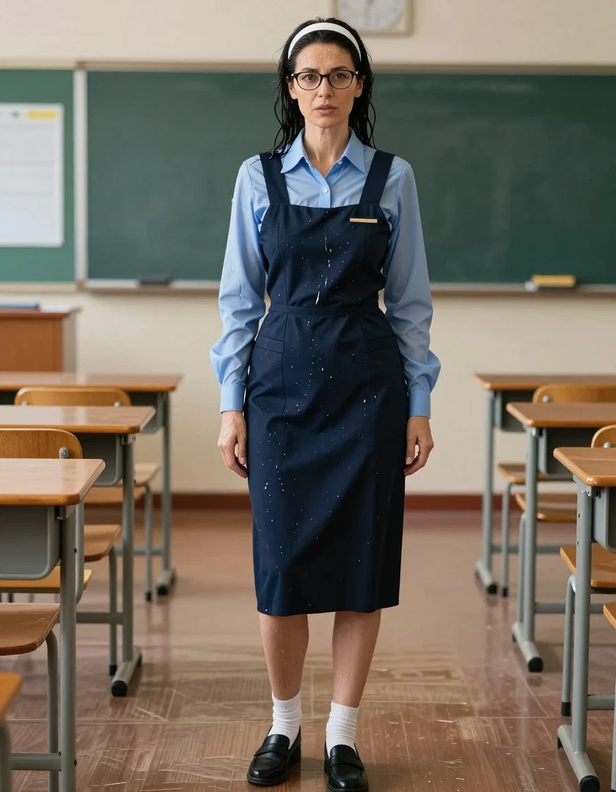 photo of young woman, in soaking wet, drenched clothes,
black shoes, white socks, school uniform with maxi dark blue school tight pinafore with pocket and blue shirt with long sleeves, school uniform with maxi dark blue school tight pinafore with pocket and blue shirt with long sleeves, after swimming in classroom, enjoying wet clothes stuck body, enjoying, wet clothes stuck to body, 
enjoying, wet clothes stuck to body,
detailed textures of the wet clothes, wet face, wet plastered hair,
wet, drenched, professional, high-quality details, full body view.
sharp focus, ultra-high pixel detail, realistic, high-quality, full colors, incredibly detailed, 4k, 8k, 16k, hyper-realistic, RAW photo, masterpiece, ultra-detailed, professionally color graded, professional photograph, europen brunette skinny woman 50 years old, long dark black hair, very big and thick lips,  office glasses, white headband, complete body, wet skin, wet clothes, damp fabric, wet skin, wet clothes, damp fabric, wet skin, wet clothes, damp fabric, wet skin, wet clothes, damp fabric, wet skin, wet clothes, damp fabric