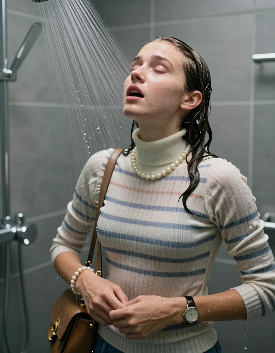 photo of young woman, in soaking wet, drenched clothes,
, ,  tight striped knit turtleneck sweater belly free, handbag, pearl necklace, bracelet, wristwatch, Under the shower, strong jet of water, modern mirrored bathroom, 
enjoying, wet clothes stuck to body,
detailed textures of the wet clothes, wet face, wet plastered hair,
wet, drenched, professional, high-quality details, full body view.
sharp focus, ultra-high pixel detail, realistic, high-quality, full colors, incredibly detailed, 4k, 8k, 16k, hyper-realistic, RAW photo, masterpiece, ultra-detailed, professionally color graded, professional photograph, Two pigtails

15 years old  teenage girl

Only head and shoulders are over the surface visible. Open mouth, closed eyes. Looking up. 

she is completely underwater up to her neck, afraid and astonished expression. 

her submerged clothes are hardly vusible under water, she soaked her handbag into the water

close up view, wet skin, wet clothes, wet hair, damp fabric, water runs down the clothes, wet skin, wet clothes, damp fabric., wet skin, wet clothes, damp fabric, wet skin, wet clothes, damp fabric, wet skin, wet clothes, damp fabric, wet skin, wet clothes, damp fabric