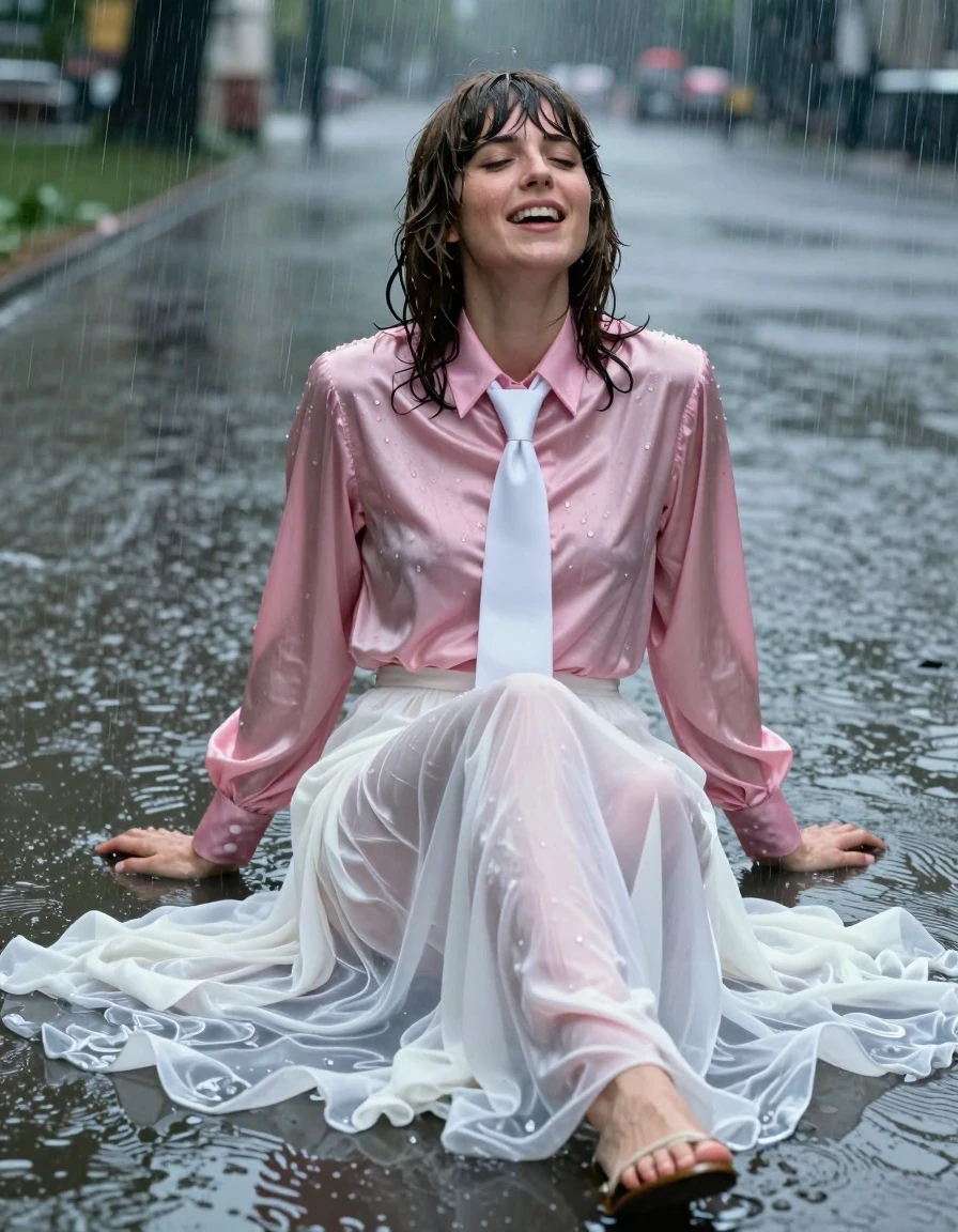 A photorealistic, highly detailed shot of a young adult European woman with iconic Beatles-style hair, sitting in a shallow puddle in a flooded park during a torrential storm. She is wearing an oversized, long-sleeved pink satin blouse with a crisp white necktie; the fabric is heavily saturated and clinging to her skin, showing deep, wet folds and high-gloss specular highlights from the rain. Below, she wears a floor-length, excessively long white silk skirt that is trailing into the murky, reflective floodwater, appearing translucent, heavy, and soaked through. She is wearing simple sandals, with her feet partially submerged in the water. Her expression is one of intense, blissful pleasure as she experiences an orgasm amidst the storm, her hair plastered to her face and shoulders by the downpour. The environment is dark and atmospheric, with heavy rain streaks, rippling water surfaces, and dramatic, moody lighting reflecting off the wet pavement and fabric. Shot on 35mm lens, sharp focus on the textures of the clinging wet silk and satin, cinematic depth of field, hyper-realistic skin texture with water droplets, professional color grading, ultra-high resolution.