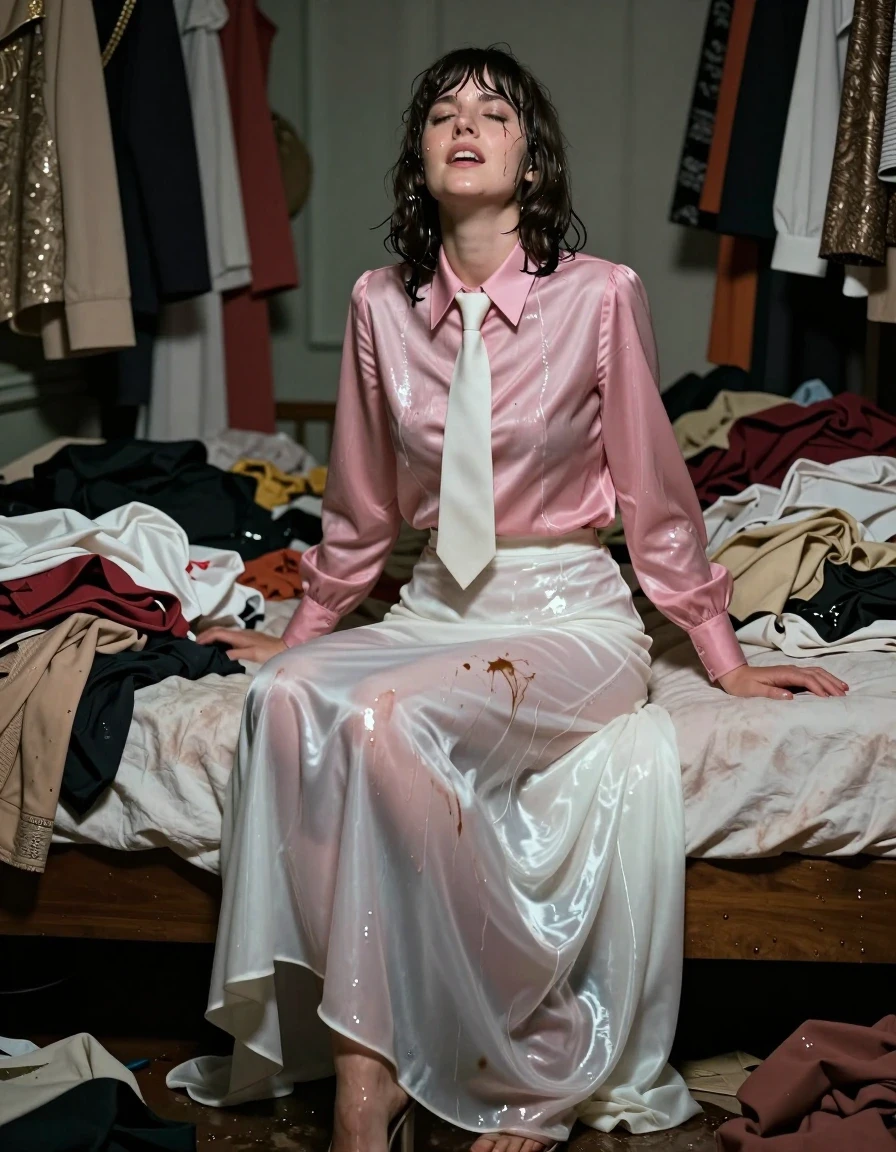 A photorealistic medium shot of a young adult European woman with a 1960s Beatles-style haircut, positioned in a cramped, cluttered room filled with piles of expensive, exquisite designer clothing. She is a submissive teacher captured at the peak of an intense orgasm on her bed, her expression one of overwhelming pleasure, eyes closed, mouth slightly parted. She is completely drenched, with wet hair strands clinging to her forehead and cheeks. She wears an oversized pink long-sleeved satin blouse with a crisp white necktie and an excessively long, floor-length white silk skirt, both garments are soaking wet, heavily saturated with water, clinging to her skin, showing deep translucent folds, and displaying dark, uneven patches where the fabric is fully waterlogged. She is wearing simple sandals on her feet. The lighting is moody and dramatic, highlighting the glossy, wet sheen on her skin and the heavy, clinging texture of the saturated silk and satin. The environment is chaotic and cramped, with luxurious garments strewn across the floor and furniture, creating a stark contrast with the intimate, wet scene on the bed. 8k resolution, cinematic lighting, hyper-detailed textures.