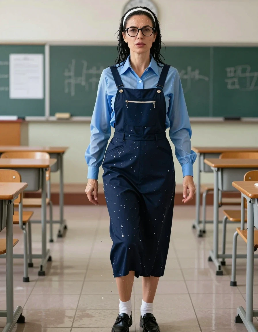 photo of young woman, in soaking wet, drenched clothes,
black shoes, white socks, school uniform with maxi dark blue school tight pinafore with pocket and blue shirt with long sleeves, school uniform with maxi dark blue school tight pinafore with pocket and blue shirt with long sleeves, after swimming in classroom, enjoying wet clothes stuck body, enjoying, wet clothes stuck to body, 
enjoying, wet clothes stuck to body,
detailed textures of the wet clothes, wet face, wet plastered hair,
wet, drenched, professional, high-quality details, full body view.
sharp focus, ultra-high pixel detail, realistic, high-quality, full colors, incredibly detailed, 4k, 8k, 16k, hyper-realistic, RAW photo, masterpiece, ultra-detailed, professionally color graded, professional photograph, europen brunette skinny woman 50 years old, long dark black hair, very big and thick lips,  office glasses, white headband, complete body, wet skin, wet clothes, damp fabric, wet skin, wet clothes, damp fabric, wet skin, wet clothes, damp fabric, wet skin, wet clothes, damp fabric, wet skin, wet clothes, damp fabric