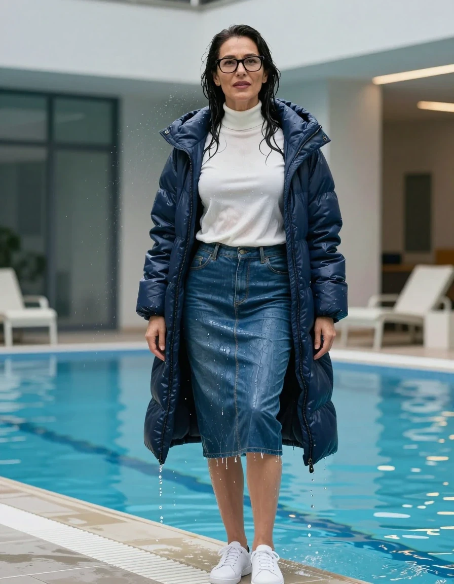 photo of young woman, in soaking wet, drenched clothes,
shoes, long blue leather denim skirt, white high-neck sweater with long sleeves, maxi dark blue down jacket, shower after bath in indoor swimming pool, enjoying wet clothes stuck body, enjoying, wet clothes stuck to body, 
enjoying, wet clothes stuck to body,
detailed textures of the wet clothes, wet face, wet plastered hair,
wet, drenched, professional, high-quality details, full body view.
sharp focus, ultra-high pixel detail, realistic, high-quality, full colors, incredibly detailed, 4k, 8k, 16k, hyper-realistic, RAW photo, masterpiece, ultra-detailed, professionally color graded, professional photograph, europen brunette skinny woman 50 years old, long dark black hair, very big and thick lips,  office glasses, complete body, wet skin, wet clothes, damp fabric, wet skin, wet clothes, damp fabric, wet skin, wet clothes, damp fabric, wet skin, wet clothes, damp fabric, wet skin, wet clothes, damp fabric