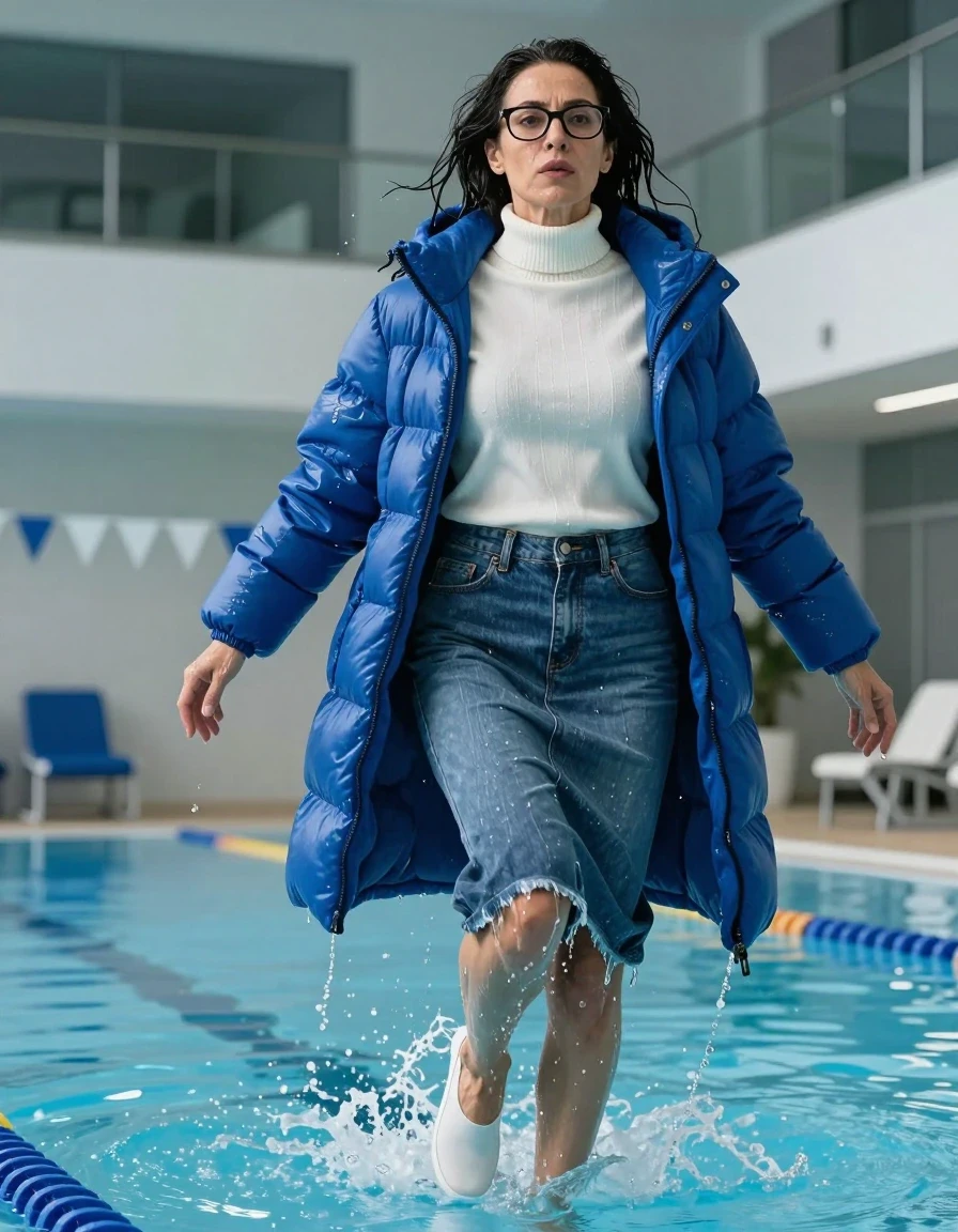 photo of young woman, in soaking wet, drenched clothes,
shoes, long blue denim skirt, white high-neck sweater with long sleeves, maxi blue down jacket, jump in indoor swimming pool, enjoying wet clothes stuck body, enjoying, wet clothes stuck to body, 
enjoying, wet clothes stuck to body,
detailed textures of the wet clothes, wet face, wet plastered hair,
wet, drenched, professional, high-quality details, full body view.
sharp focus, ultra-high pixel detail, realistic, high-quality, full colors, incredibly detailed, 4k, 8k, 16k, hyper-realistic, RAW photo, masterpiece, ultra-detailed, professionally color graded, professional photograph, europen brunette skinny woman 50 years old, long dark black hair, very big and thick lips,  office glasses, complete body, wet skin, wet clothes, damp fabric, wet skin, wet clothes, damp fabric, wet skin, wet clothes, damp fabric, wet skin, wet clothes, damp fabric, wet skin, wet clothes, damp fabric