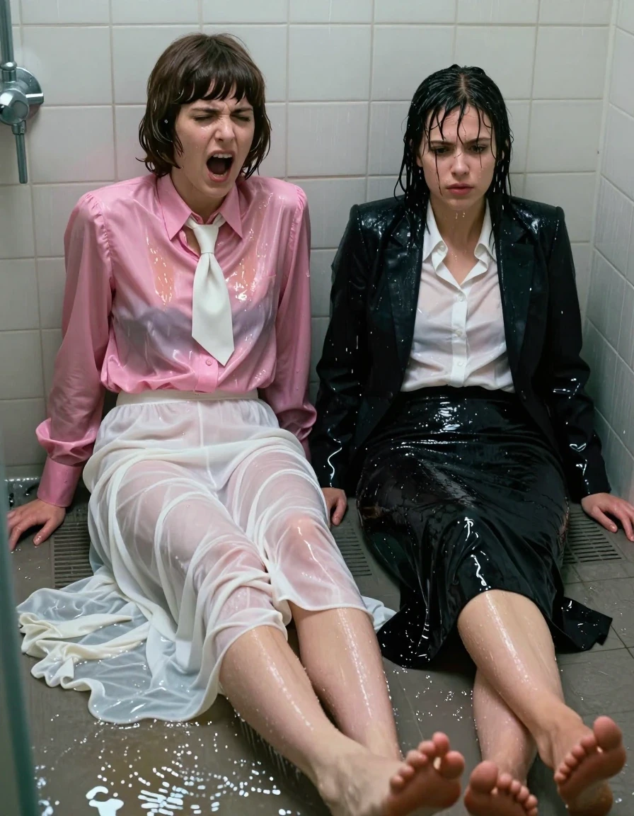Hyper-realistic cinematic shot of two young adult European female teachers in a flooded gym shower. One woman with a Beatles-style haircut wears a soaked, oversized pink long-sleeved satin blouse with a white necktie and an excessively long floor-length white silk skirt that clings heavily to her legs, her face contorted in an intense expression of orgasm. Beside her, lying in the shallow water, is another woman wearing a black business jacket over a white shirt and a long floor-length skirt. Both women are thoroughly drenched; their hair is plastered to their faces and necks, skin glistening with water sheen, and fabrics are darkened, heavy, and clinging to their bodies with visible folds and water-weight. The environment is a tiled gym shower with water pooling on the floor, reflecting the harsh overhead fluorescent lighting. High-contrast photography, wet textures, realistic skin pores, translucent wet fabric, dripping water, cinematic lighting, 8k resolution, detailed water ripples.